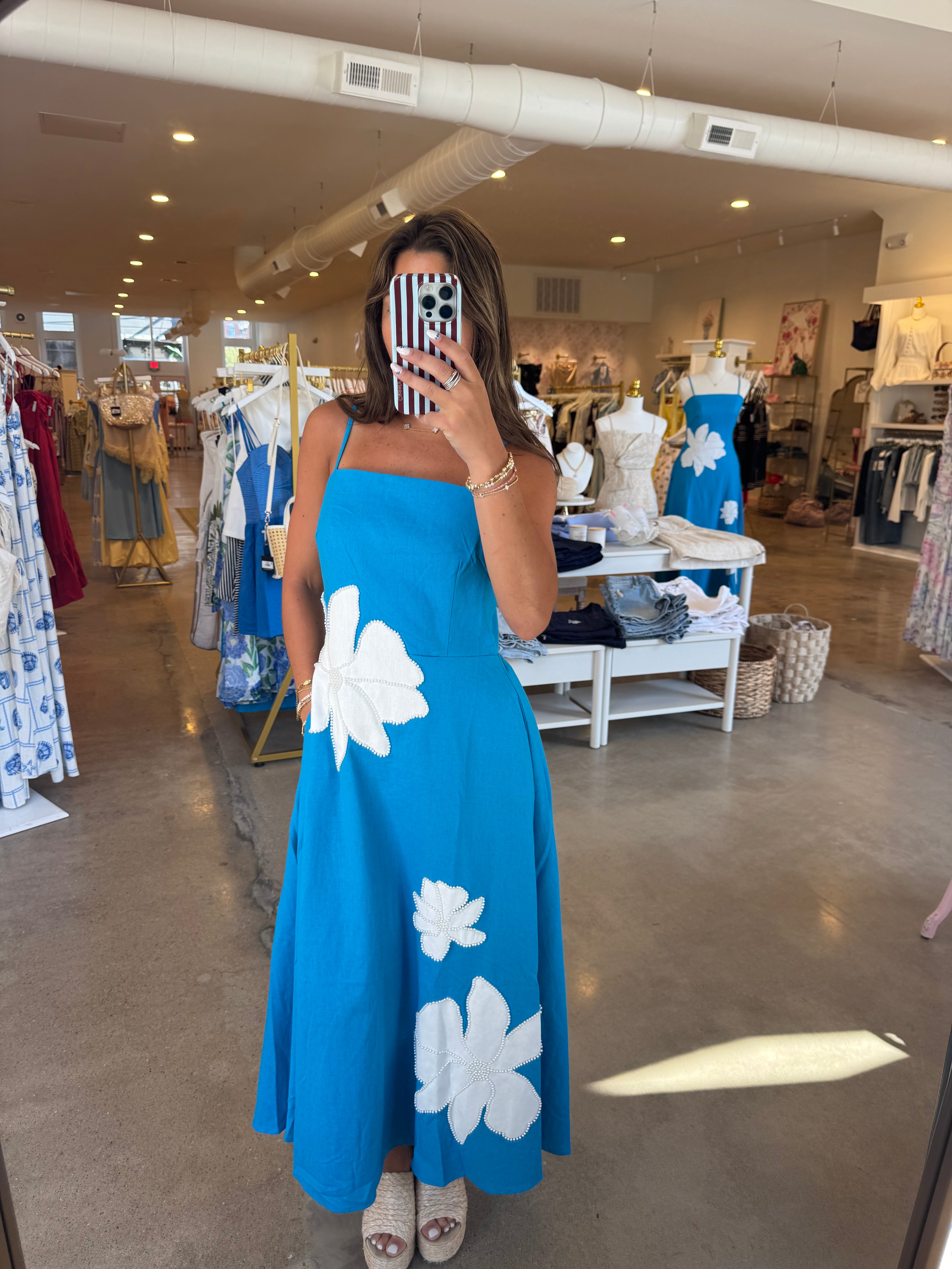 Mazy Pearl Studded Midi Dress - Blue Flower