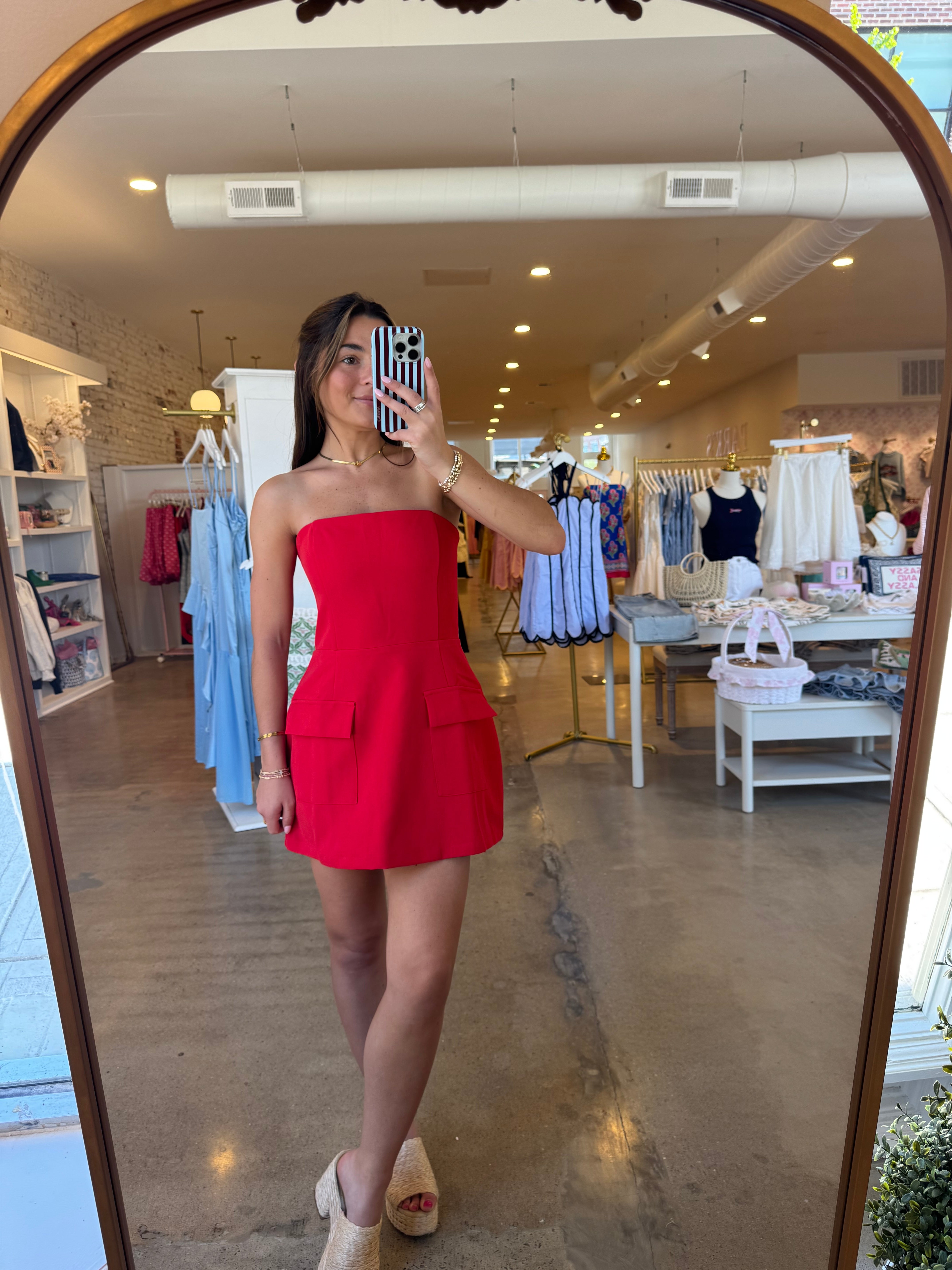 Poppy Front Pocket Mini Dress - Red