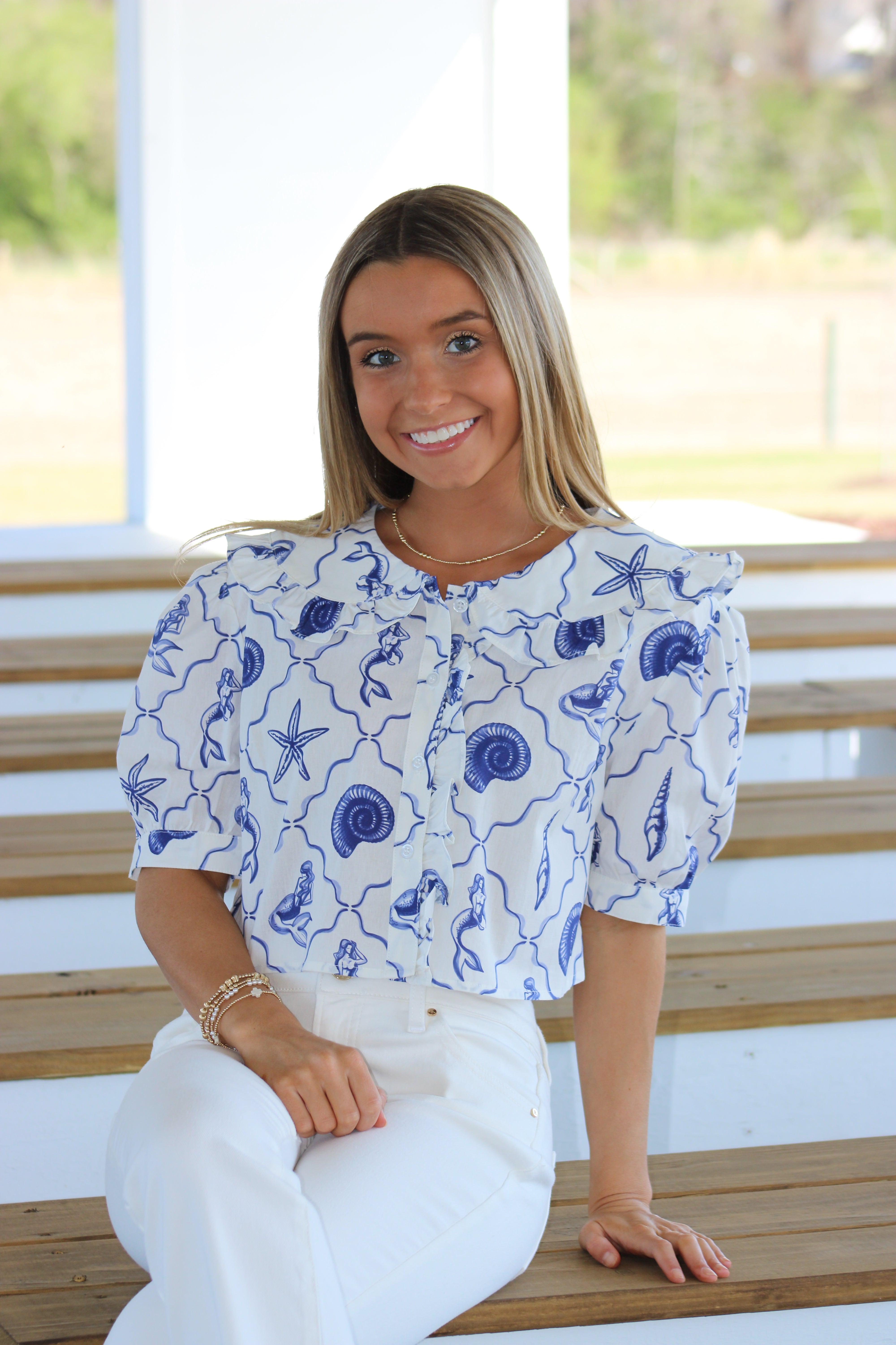 Coastal Living Top - White & Blue