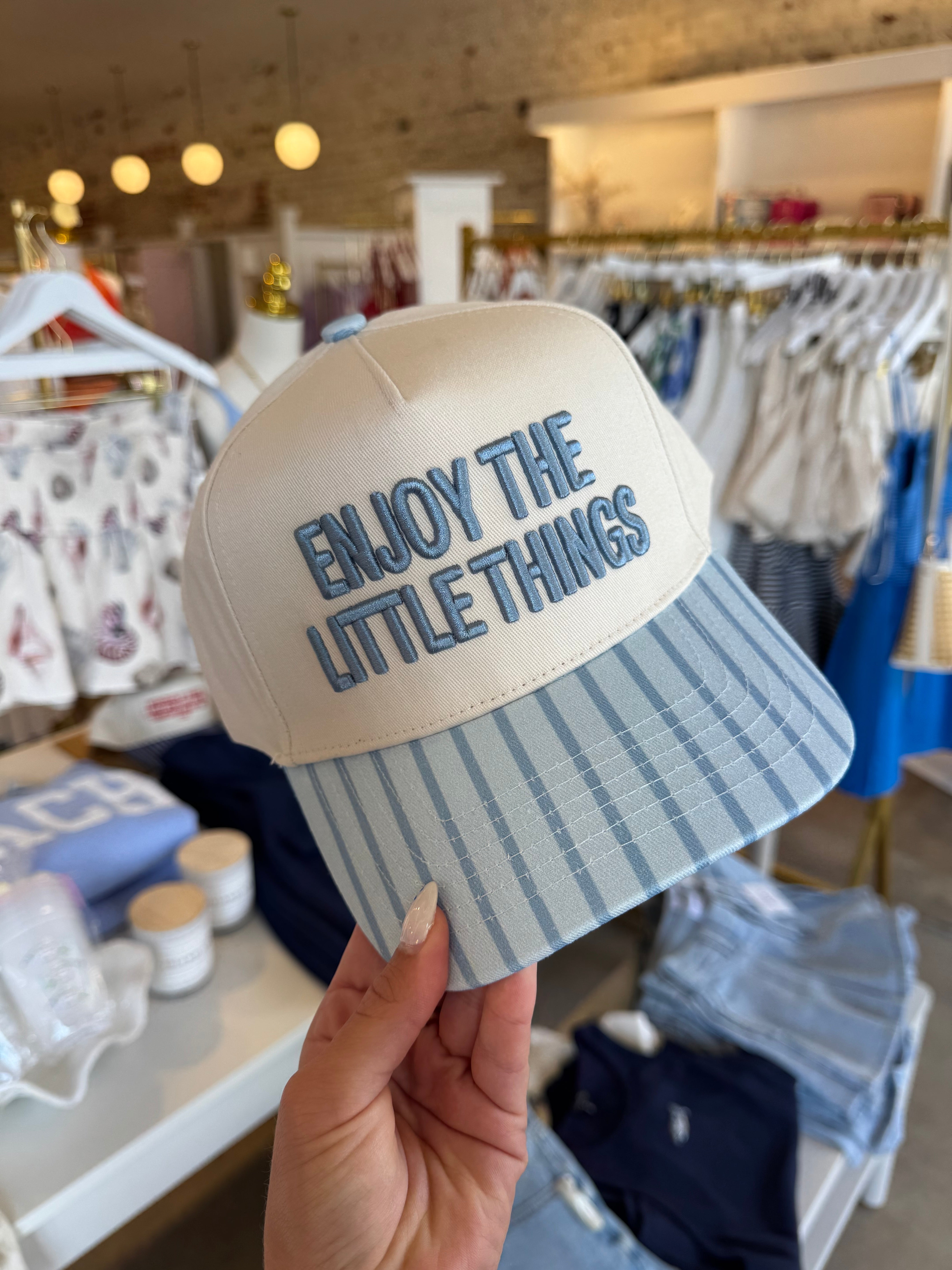 Enjoy The Little Things Embroidered Trucker Hat - Blue Stripe