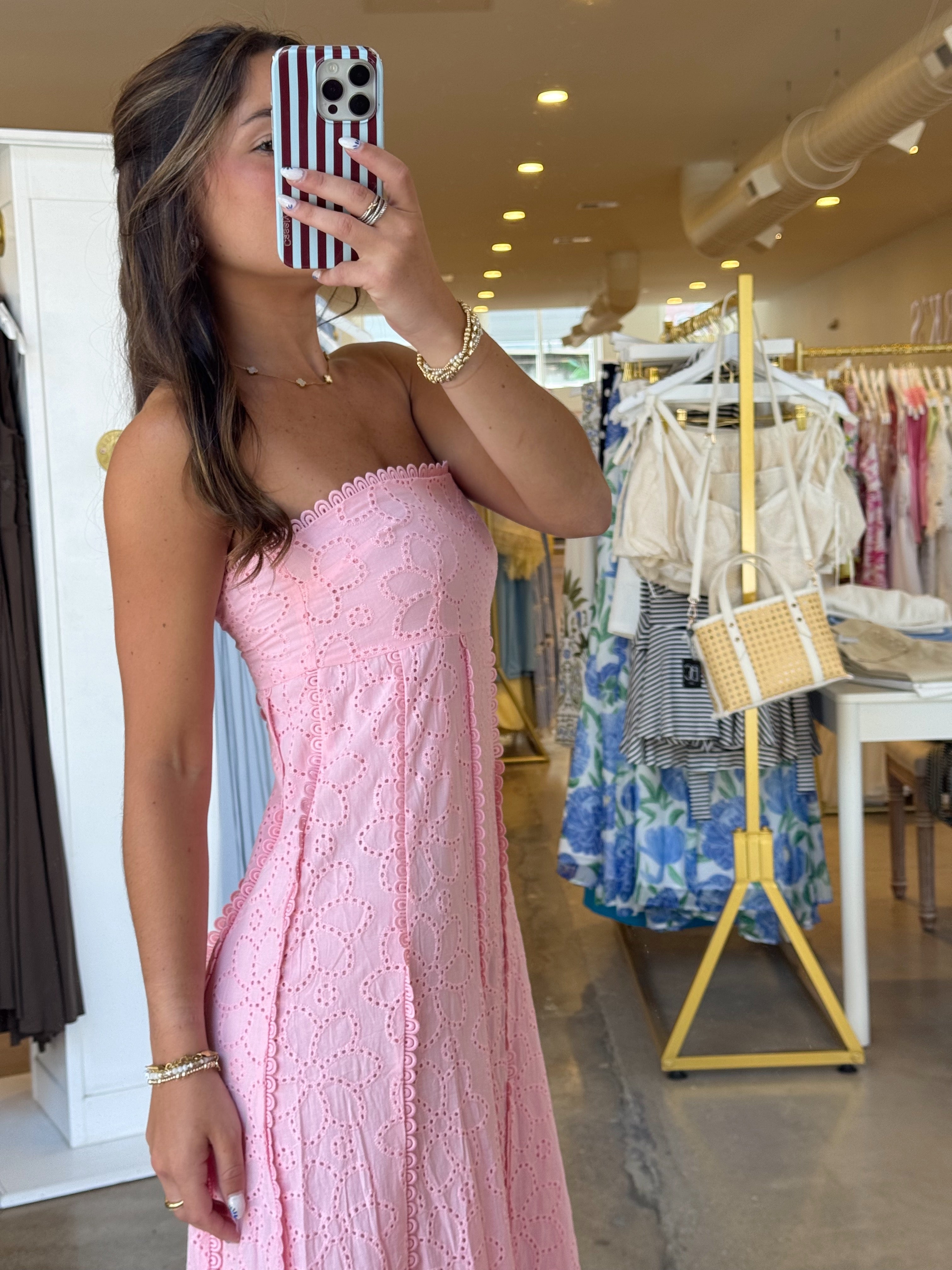 Melanie Eyelet Scalloped Trim Maxi Dress - Pink