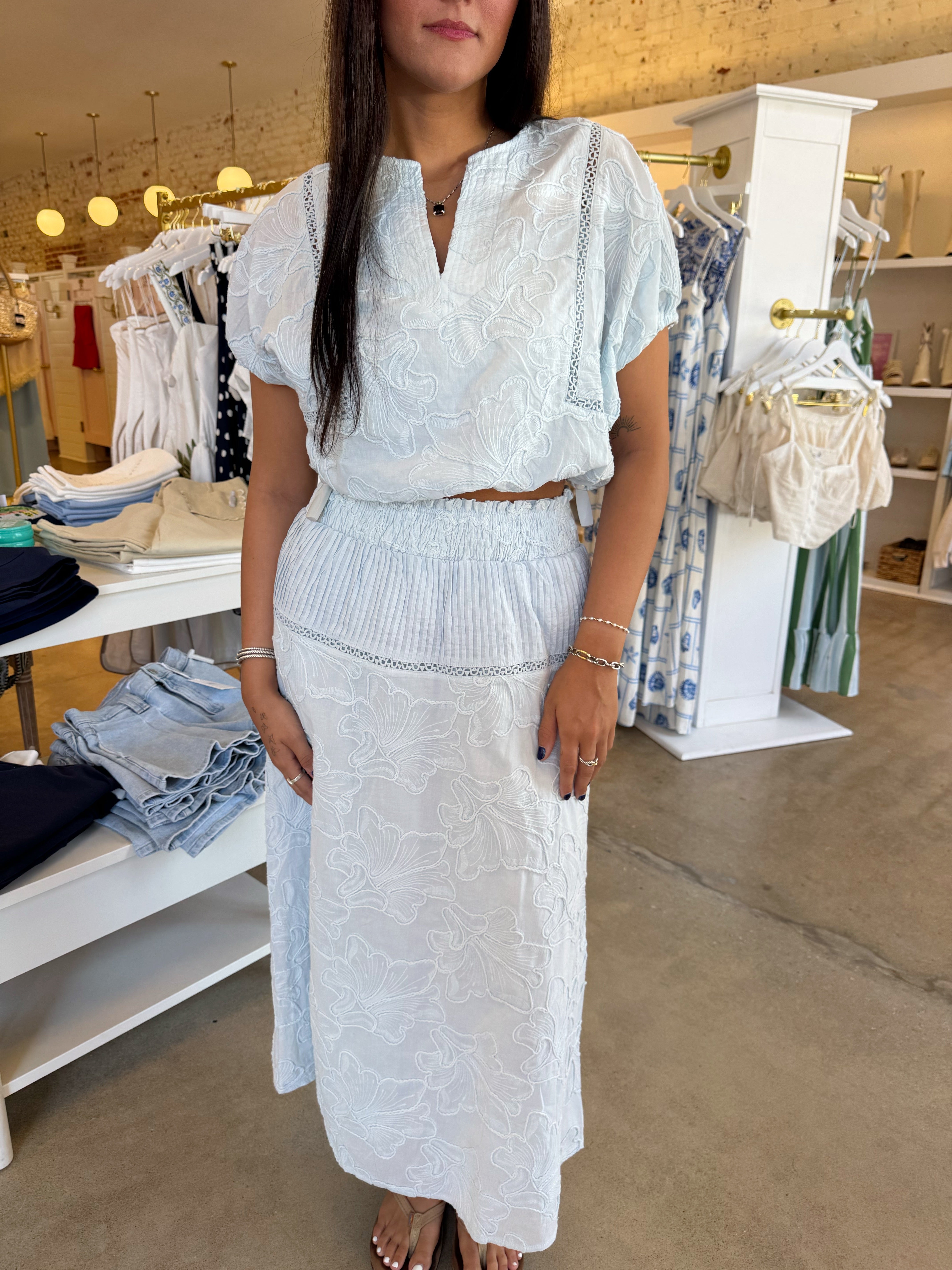 Cate Embroidered Eyelet Top & Midi Skirt Set - Light Blue