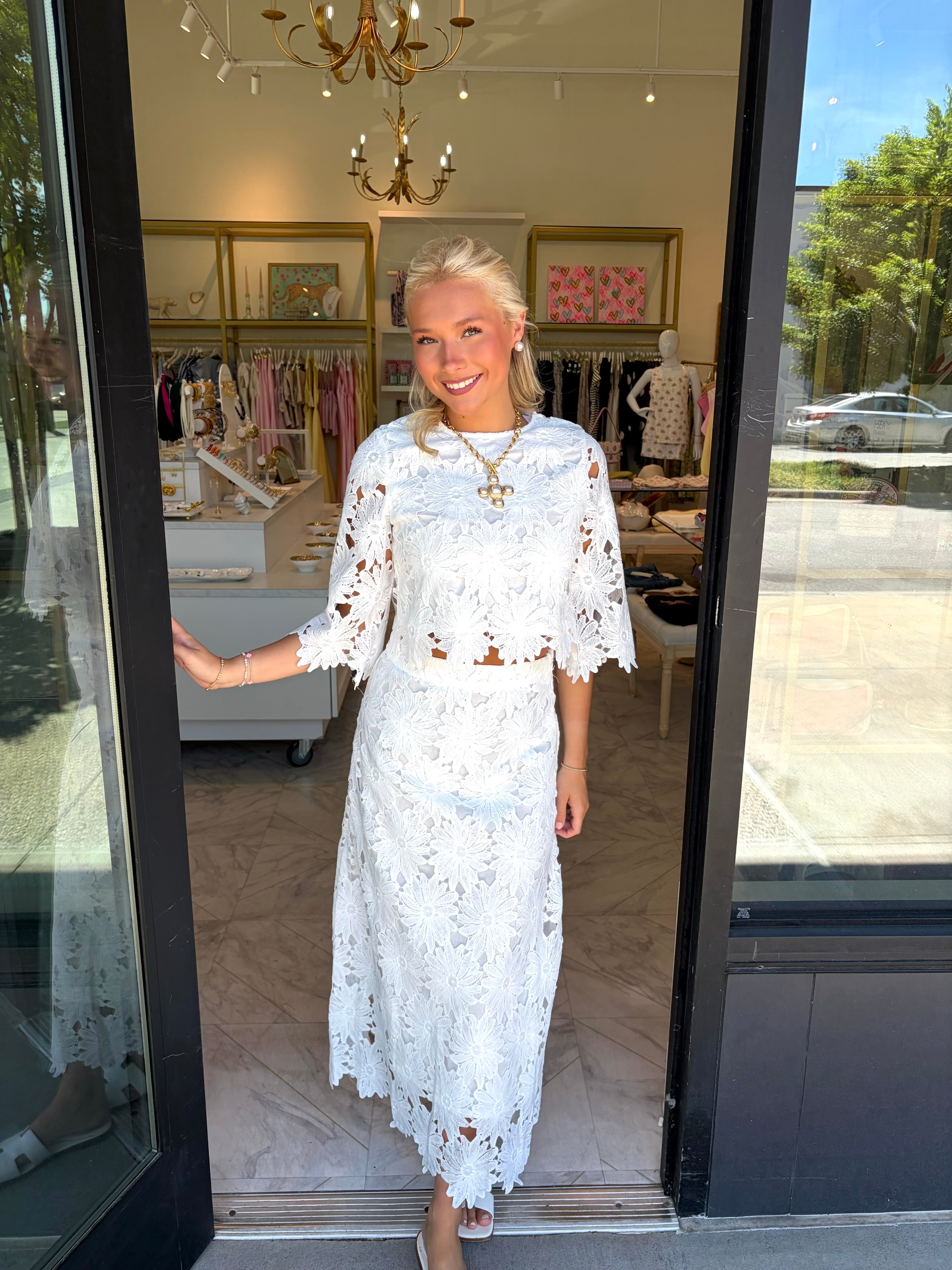 First Class Floral Top & Midi Skirt Set - White
