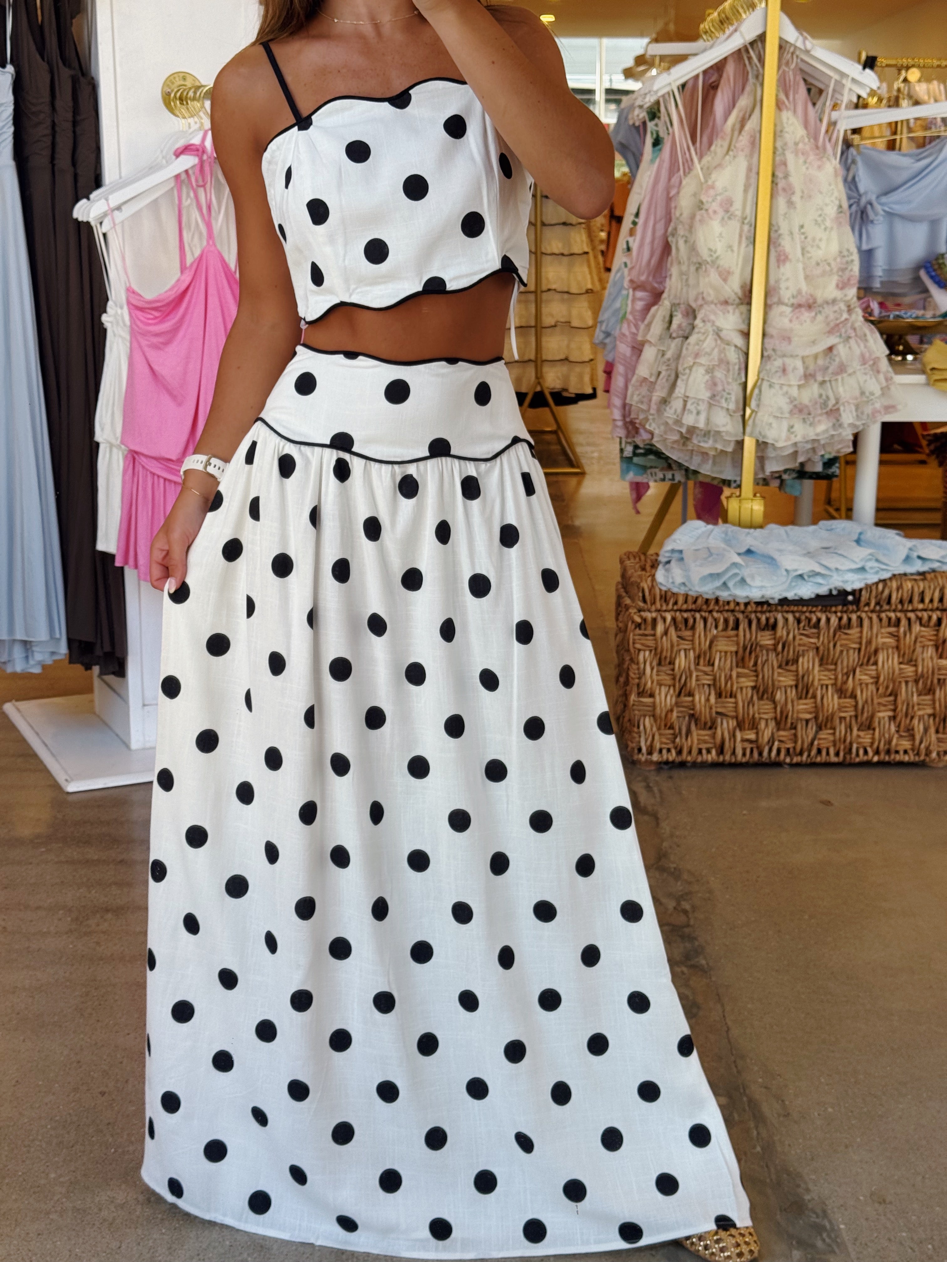 I’m Your Girl Top & Maxi Skirt Linen Set - Cream & Black Polka Dot