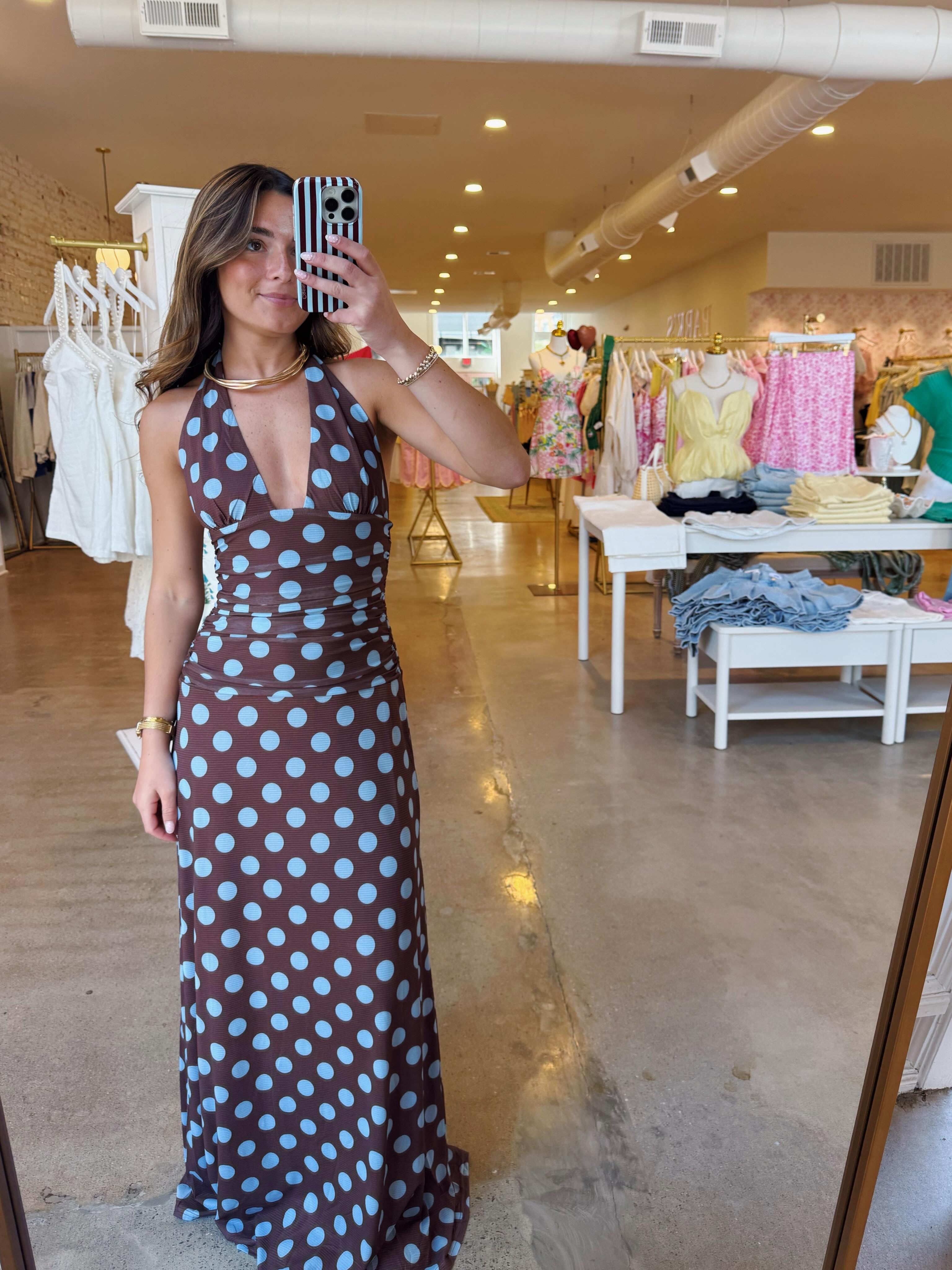 All Summer Long Halter Maxi Dress - Brown Blue Polka Dot