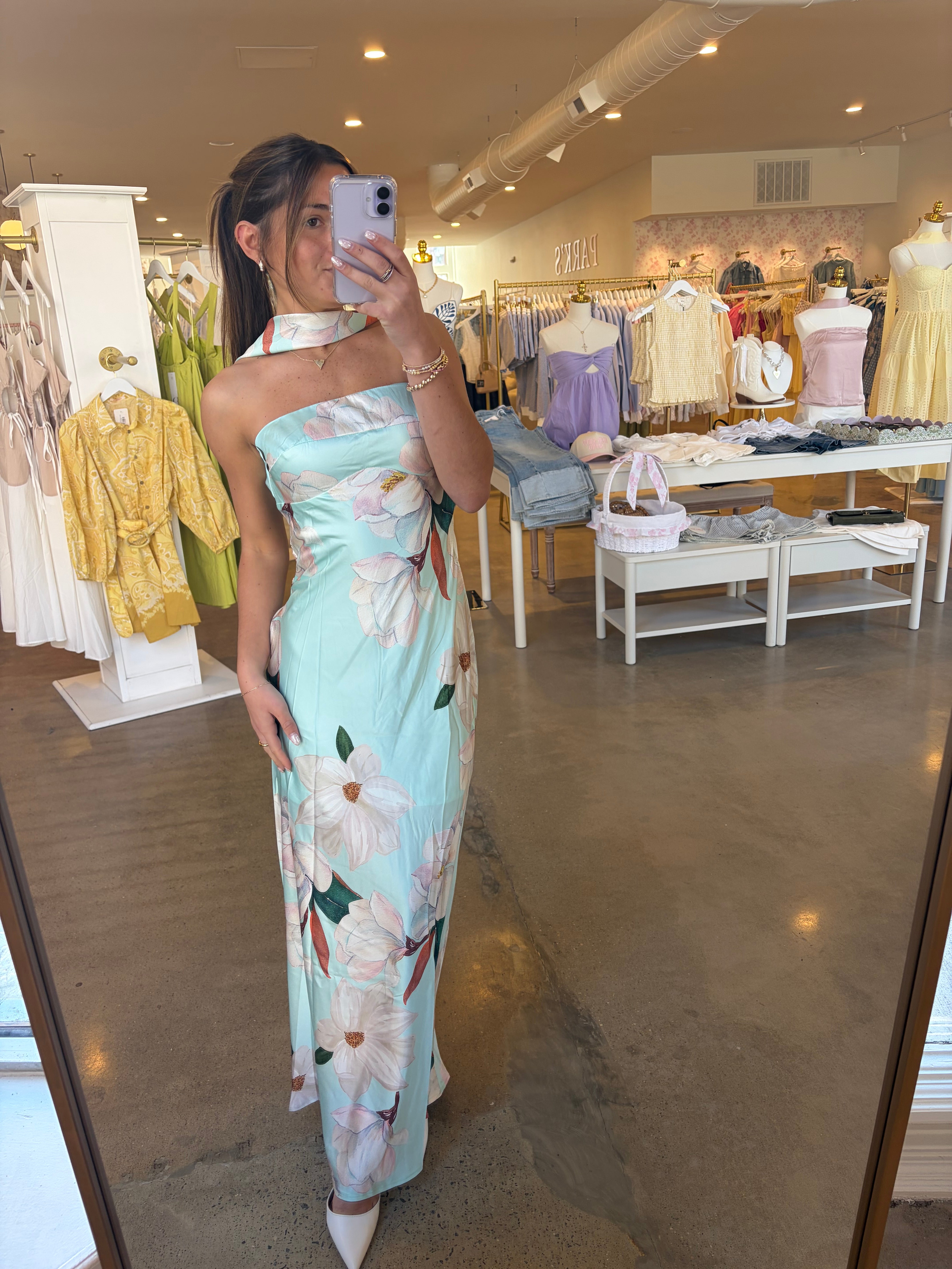 Garden Of Eden Satin Long Dress - Blue Floral