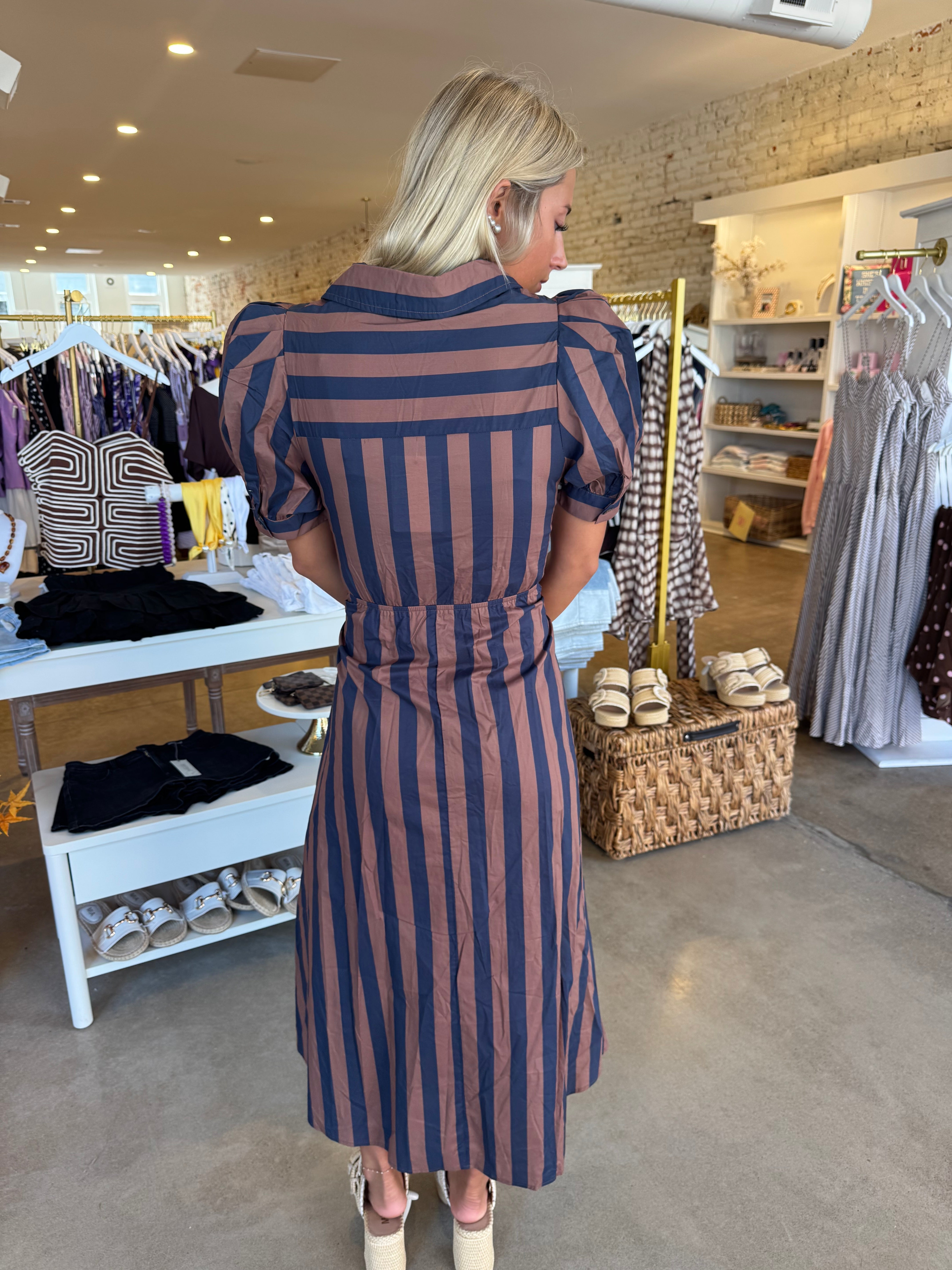 Wind Of Change Midi Dress - Navy Brown Stripe