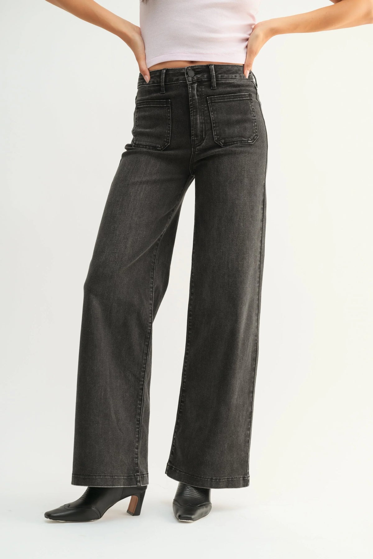 Cannon Mini Patch Pocket Wide Leg Denim - Washed Black