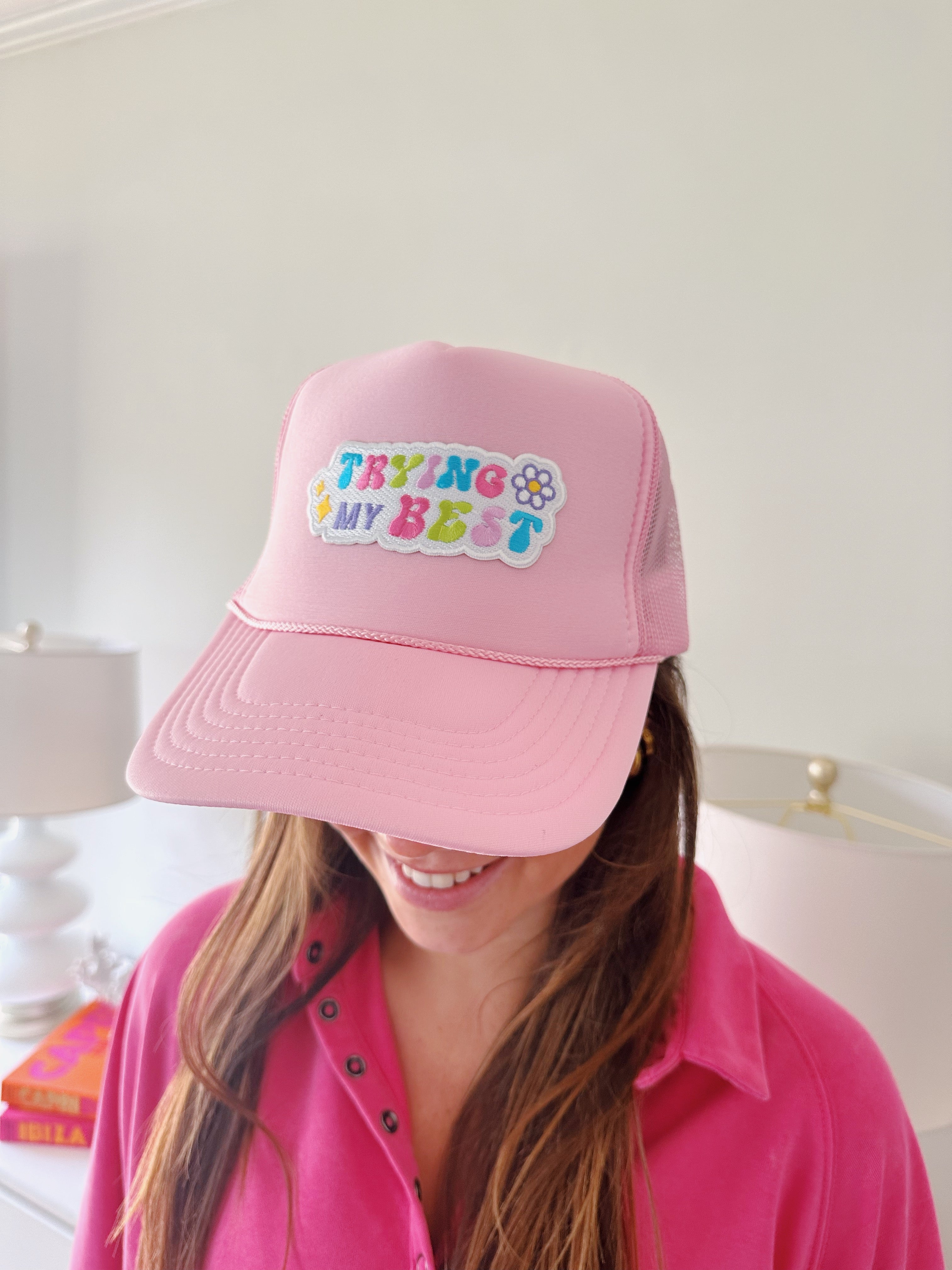 Trying My Best Embroidered Trucker Hat - Pink