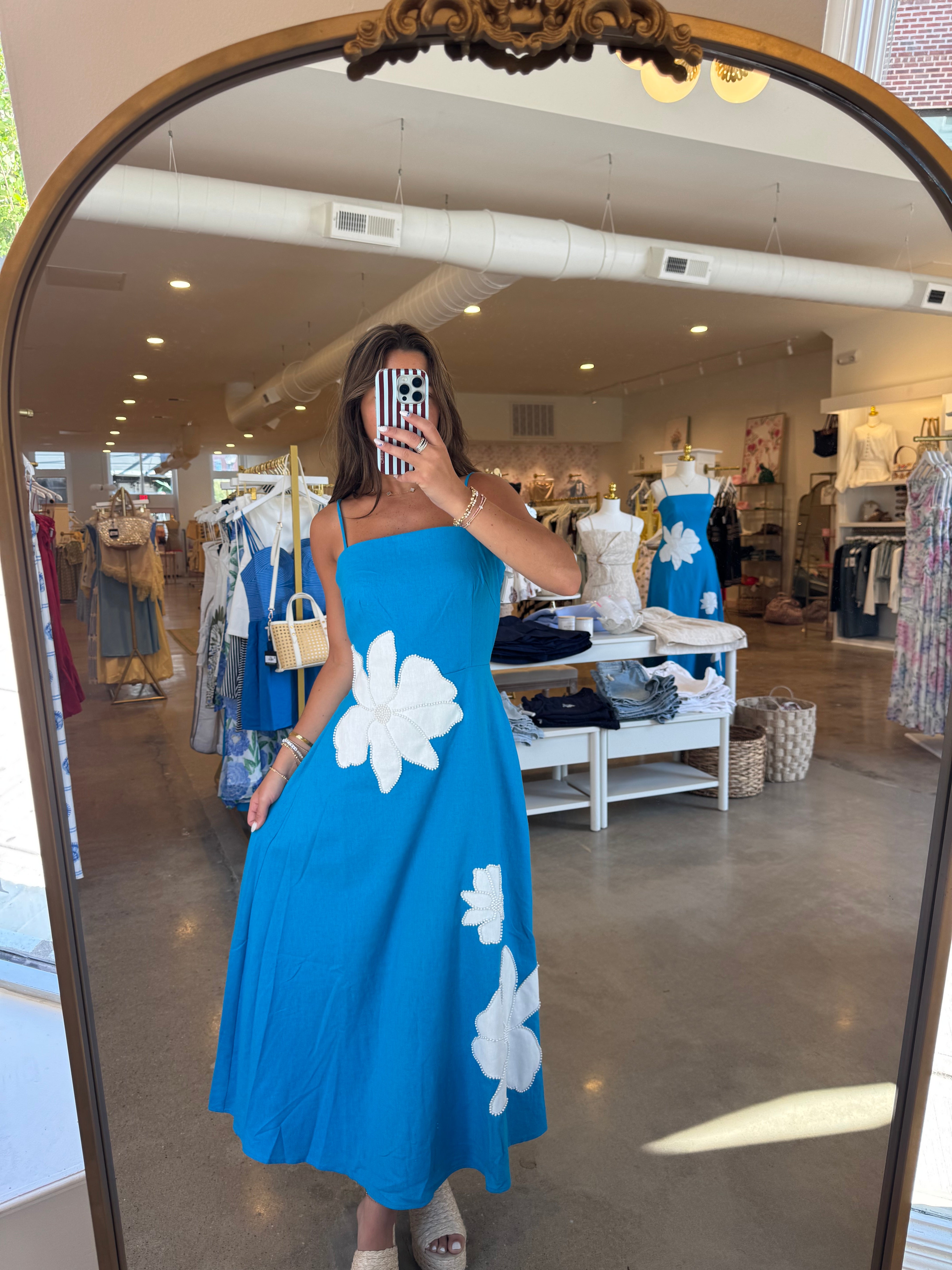 Mazy Pearl Studded Midi Dress - Blue Flower