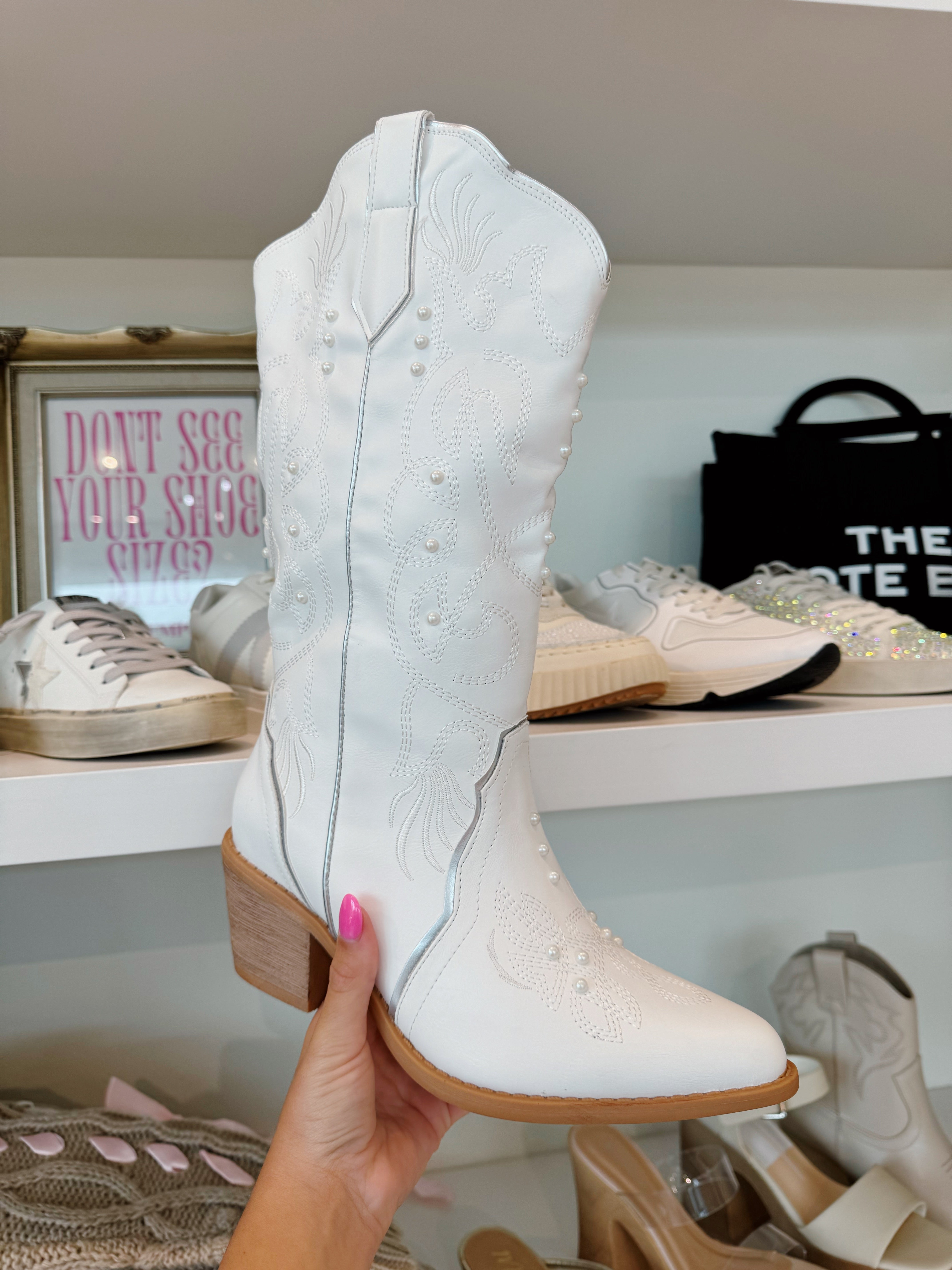 Sutton Western Boots - White & Pearls