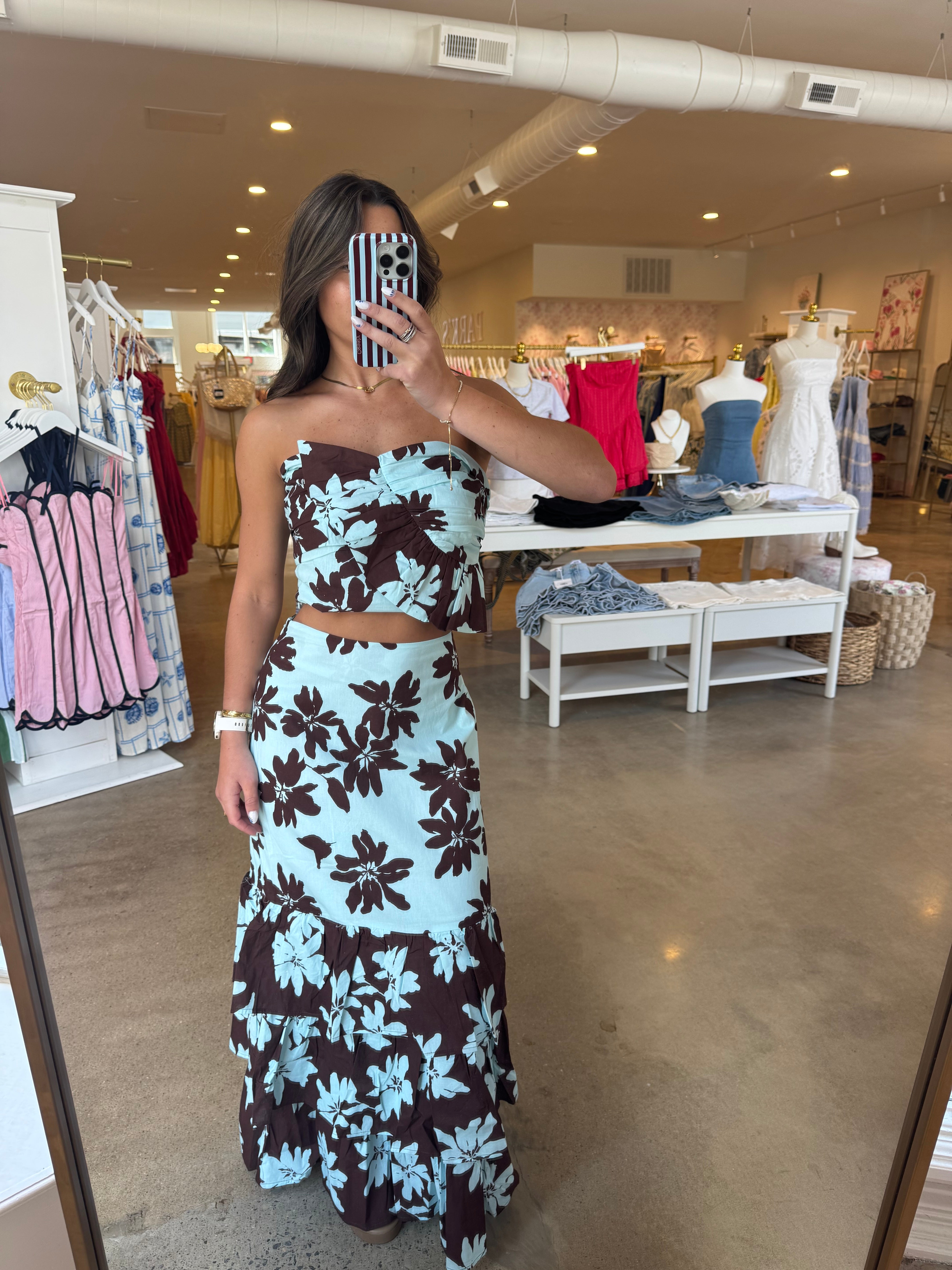 Samantha Floral Top & Midi Skirt Set - Brown & Blue