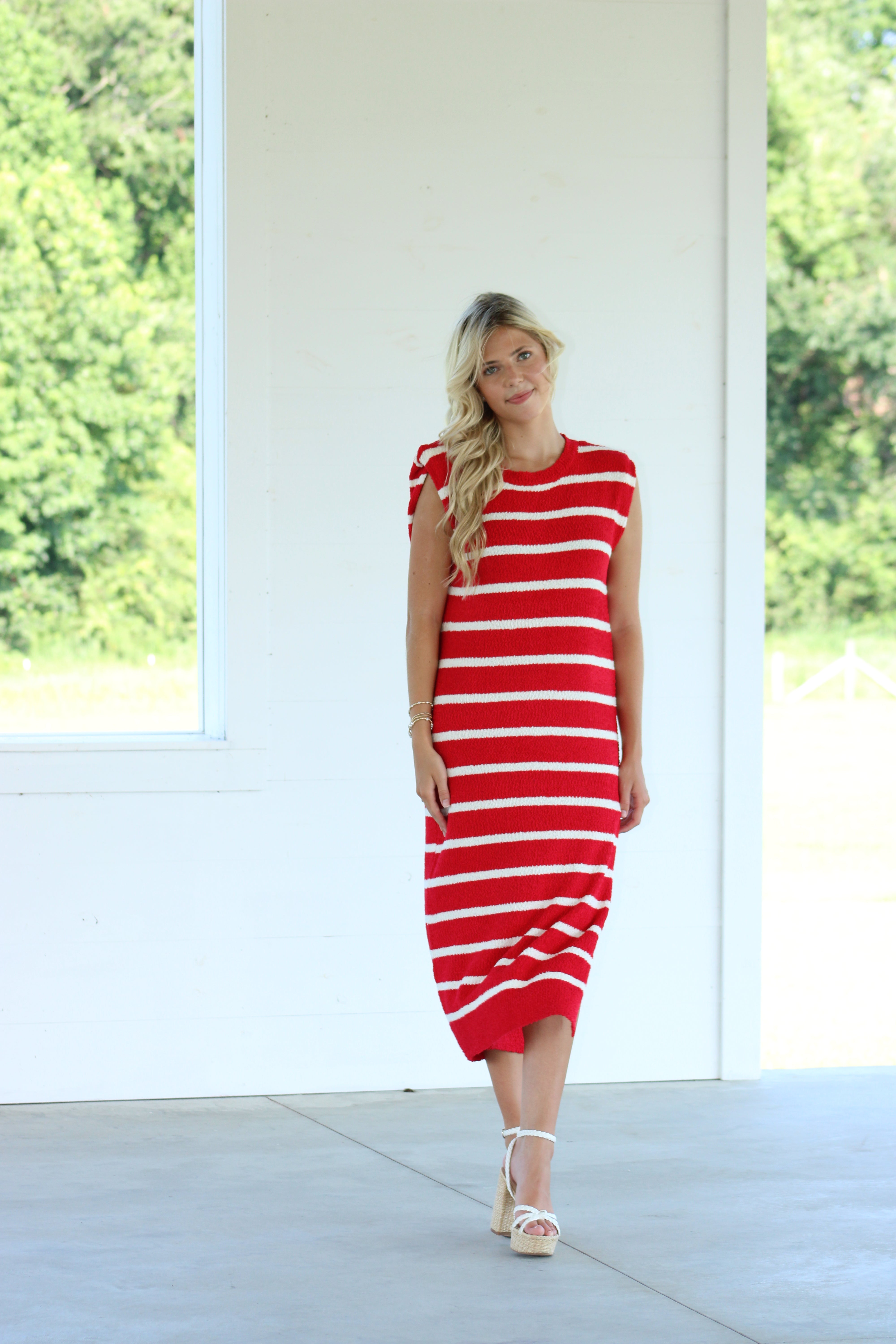 Deep End Midi Dress - Red & White