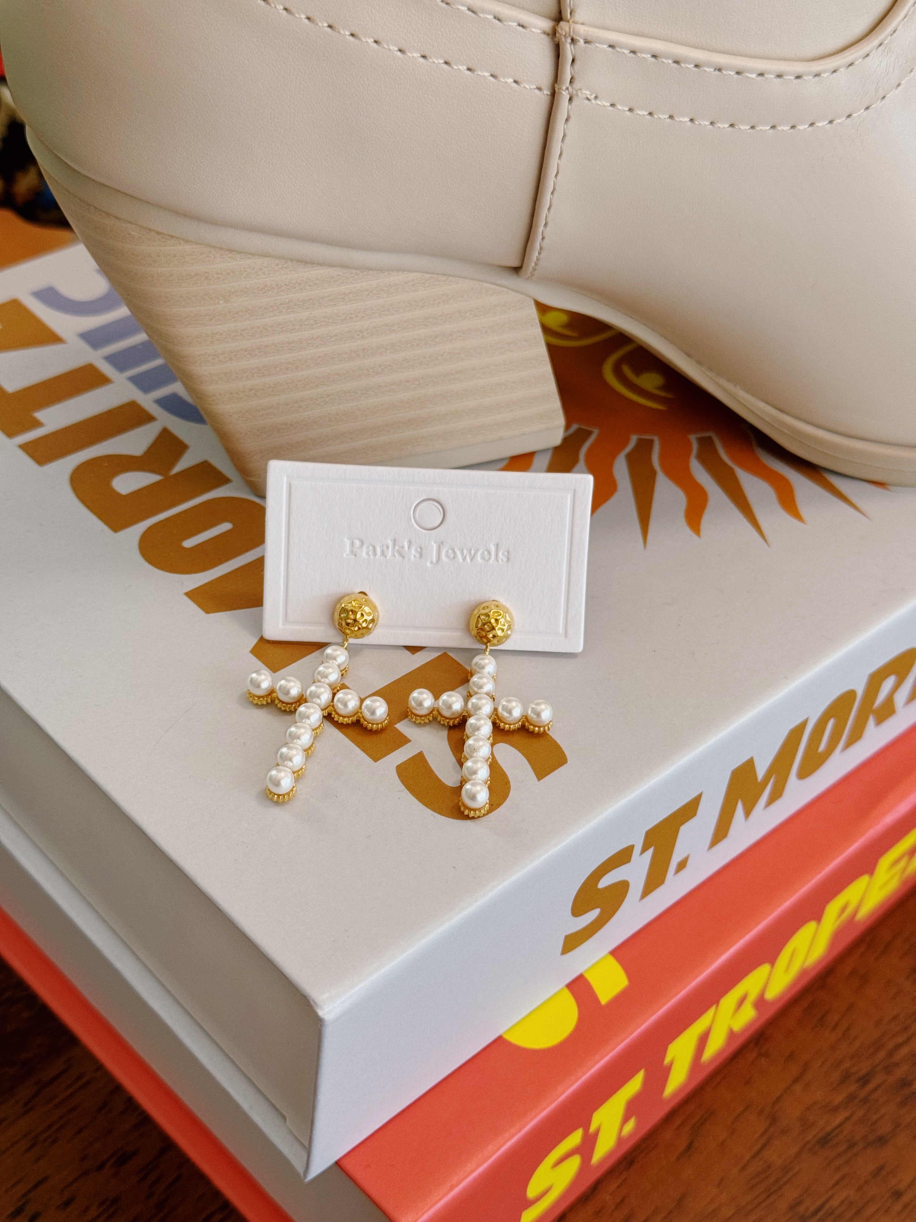 Adelaide Cross Earrings - Gold & Pearl - Water Resistant