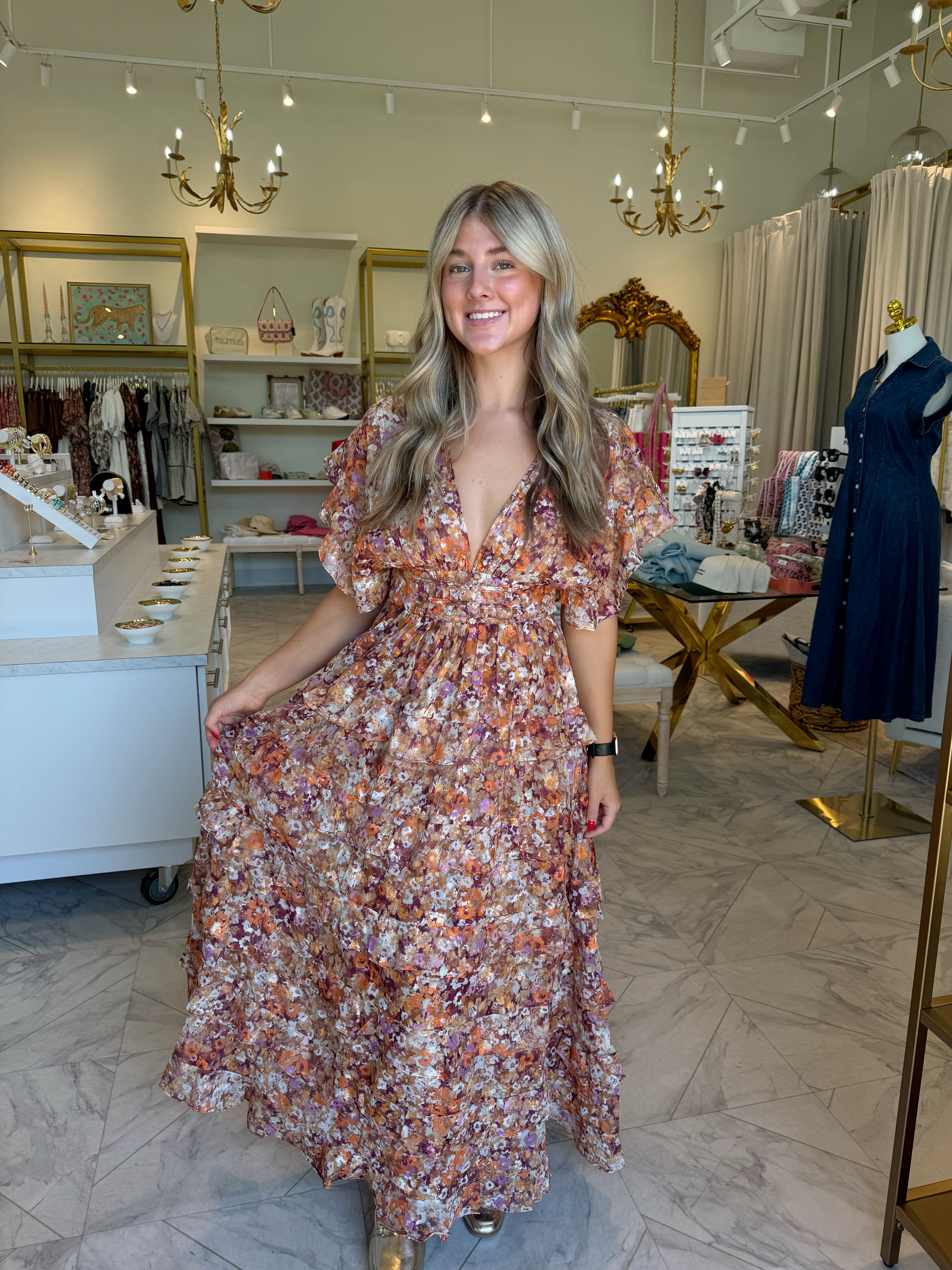 Fall Wedding Guest Midi Dress - Brown & Orange