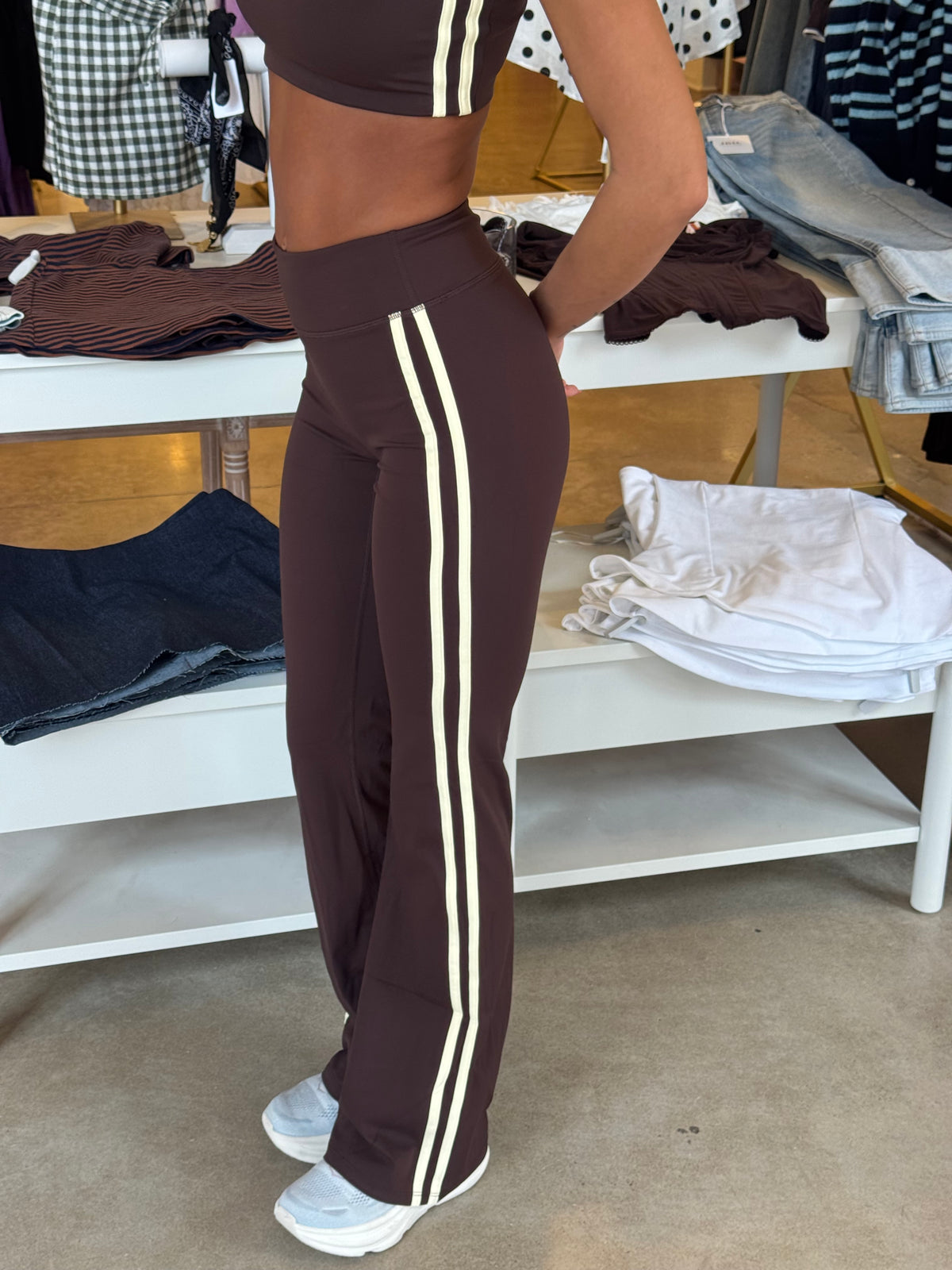Fast Track Active Bra & Flare Leggings Set - Brown & Butter Cream Combo