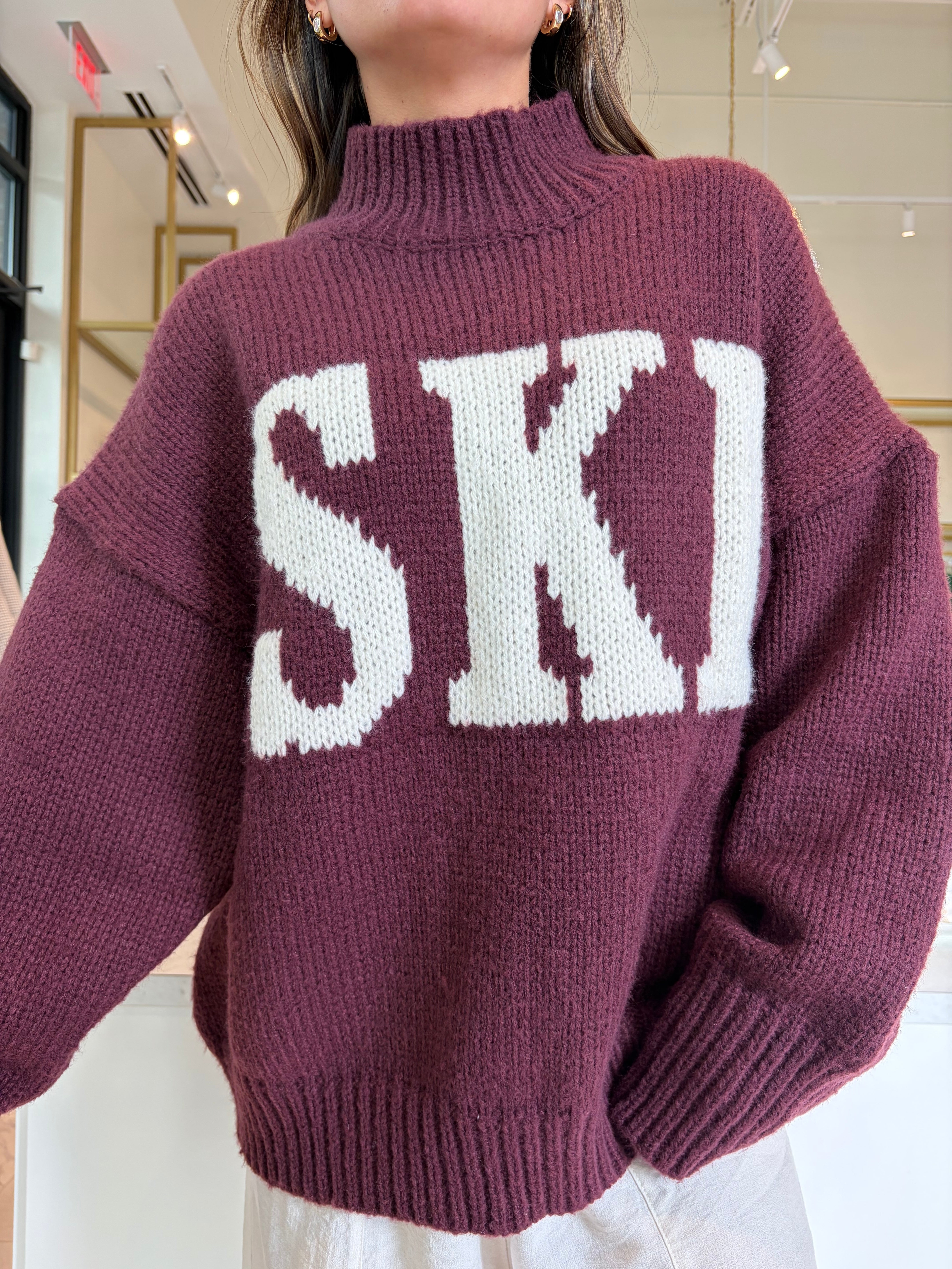 SKI Oversized Sweater - Wine & Ivory