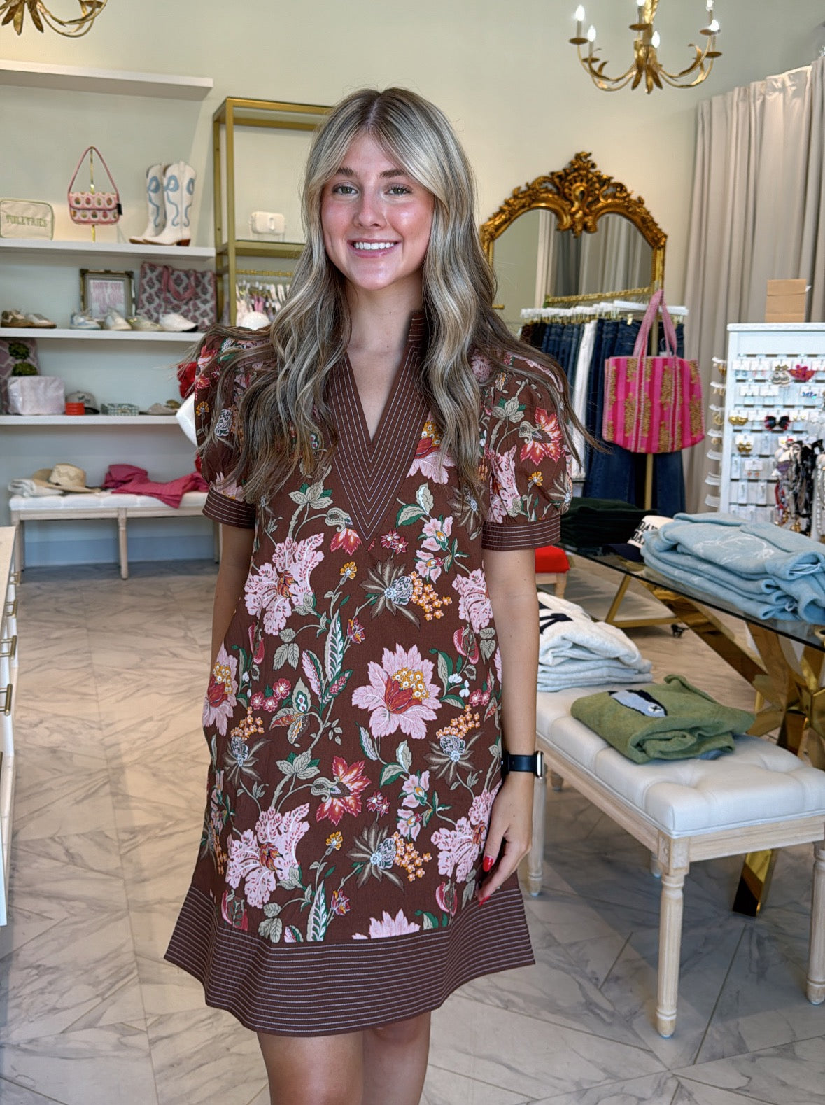 Carlie Mini Dress - Brown Floral