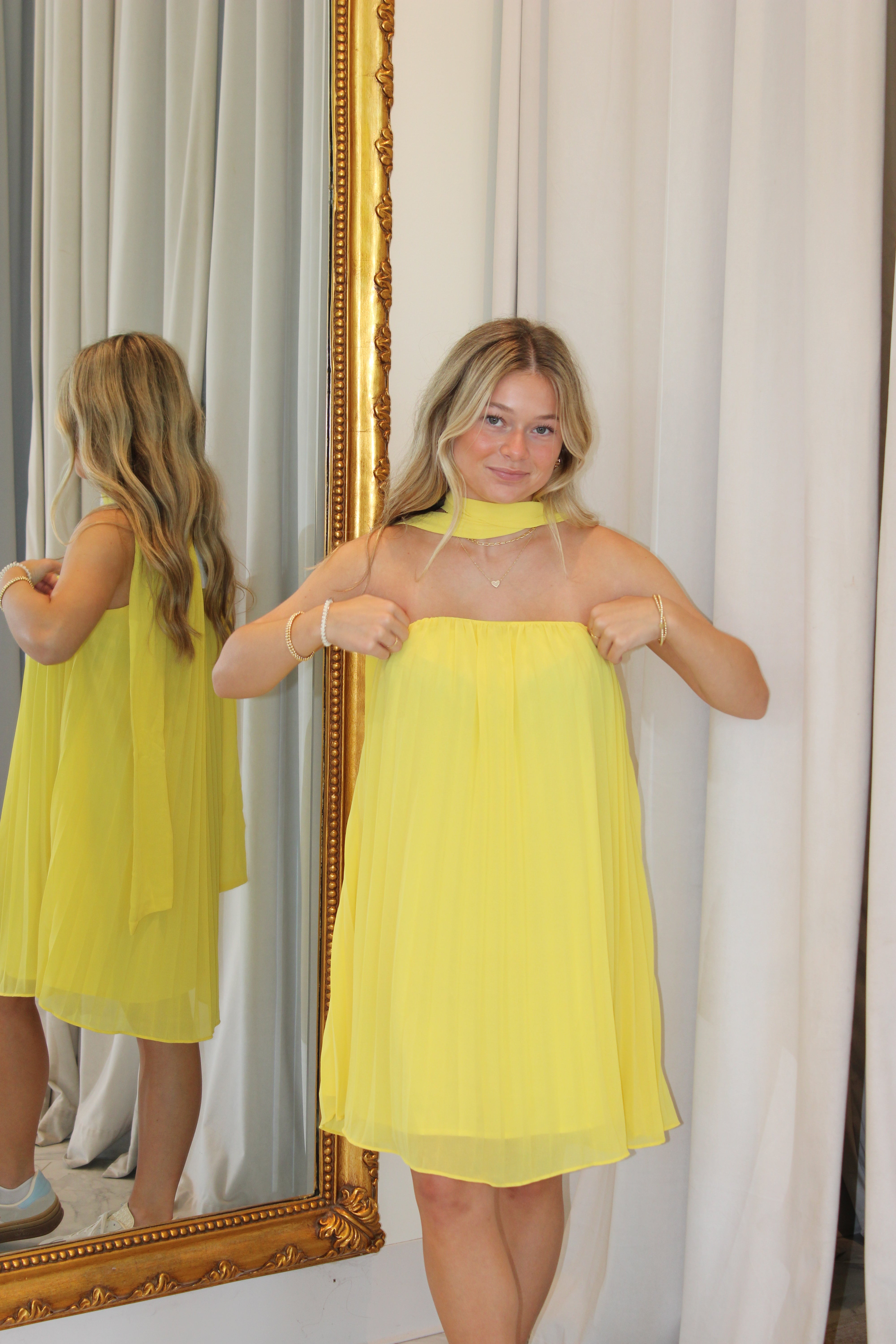 Pretty Little Thought Halter Neck Pleated Mini Dress - Yellow