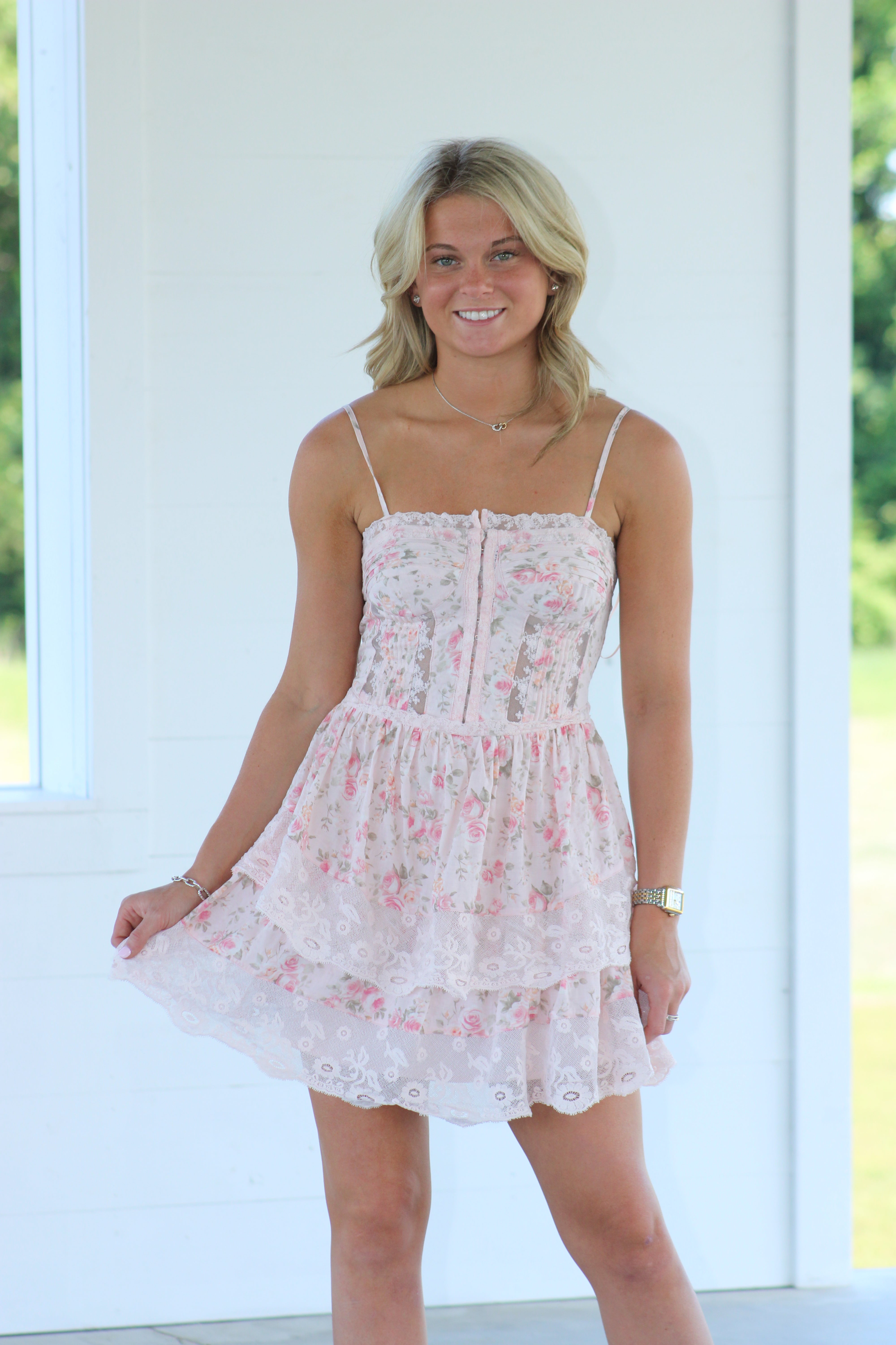 Augusta Mini Dress - Pink Lace