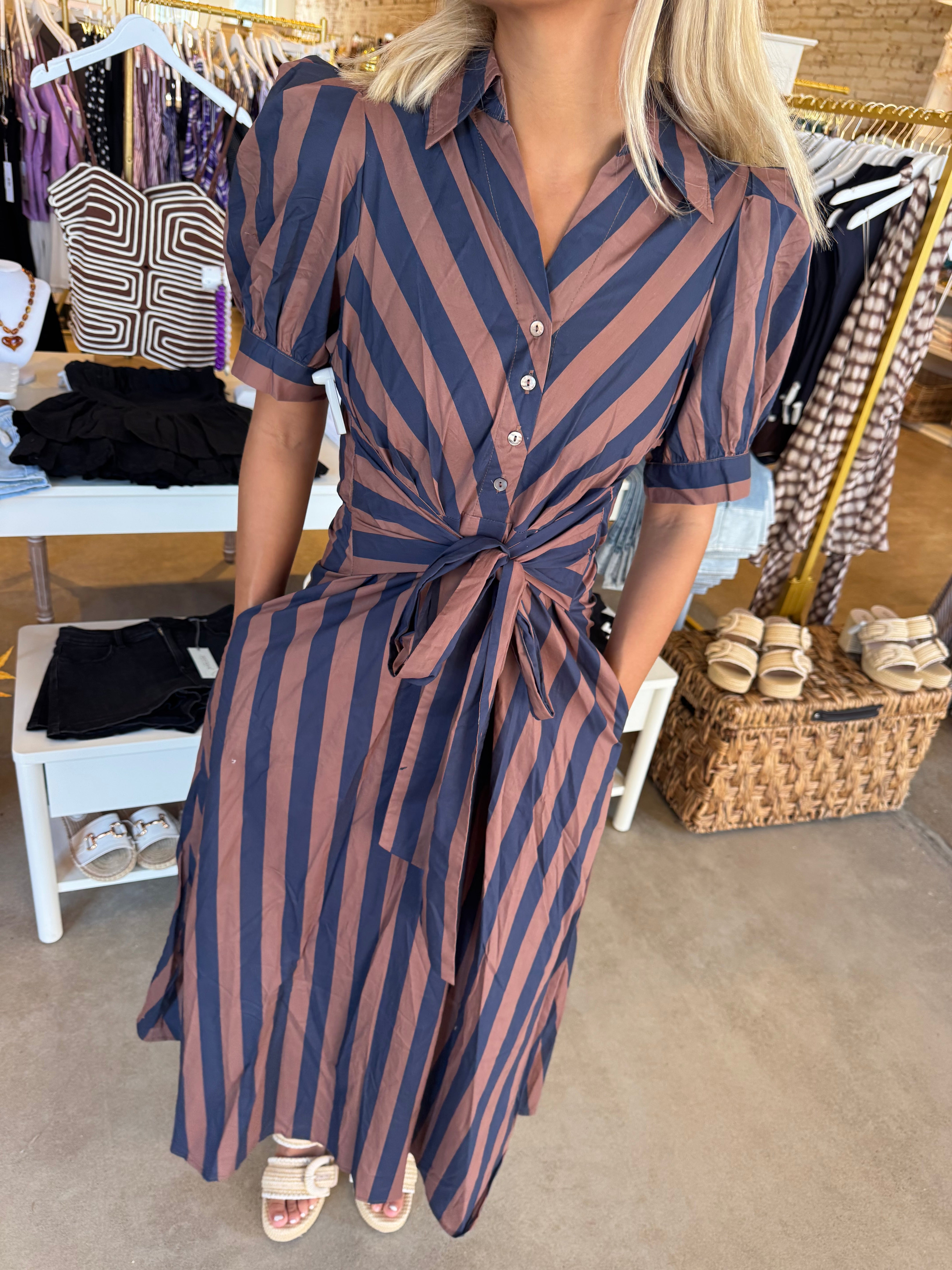 Wind Of Change Midi Dress - Navy Brown Stripe