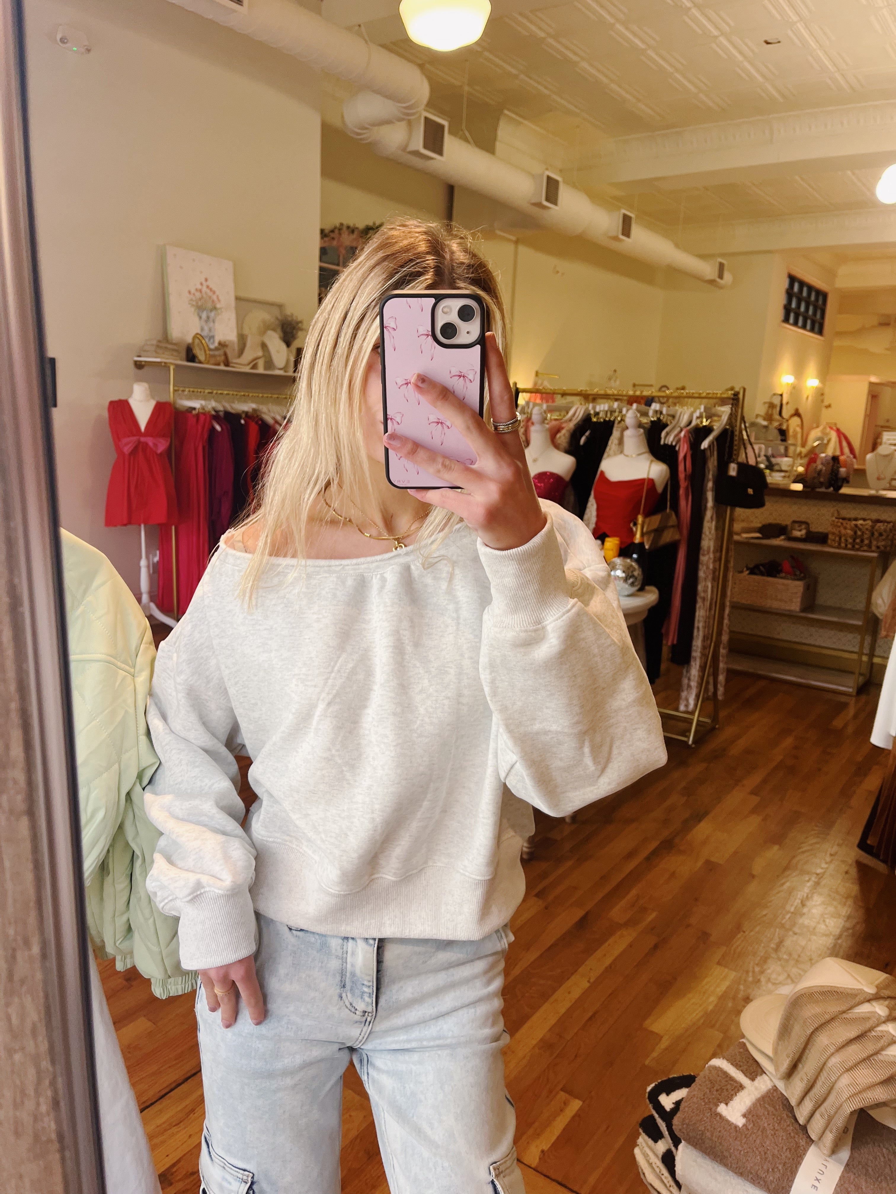Piper Off Shoulder Cropped Sweatshirt - White Melange