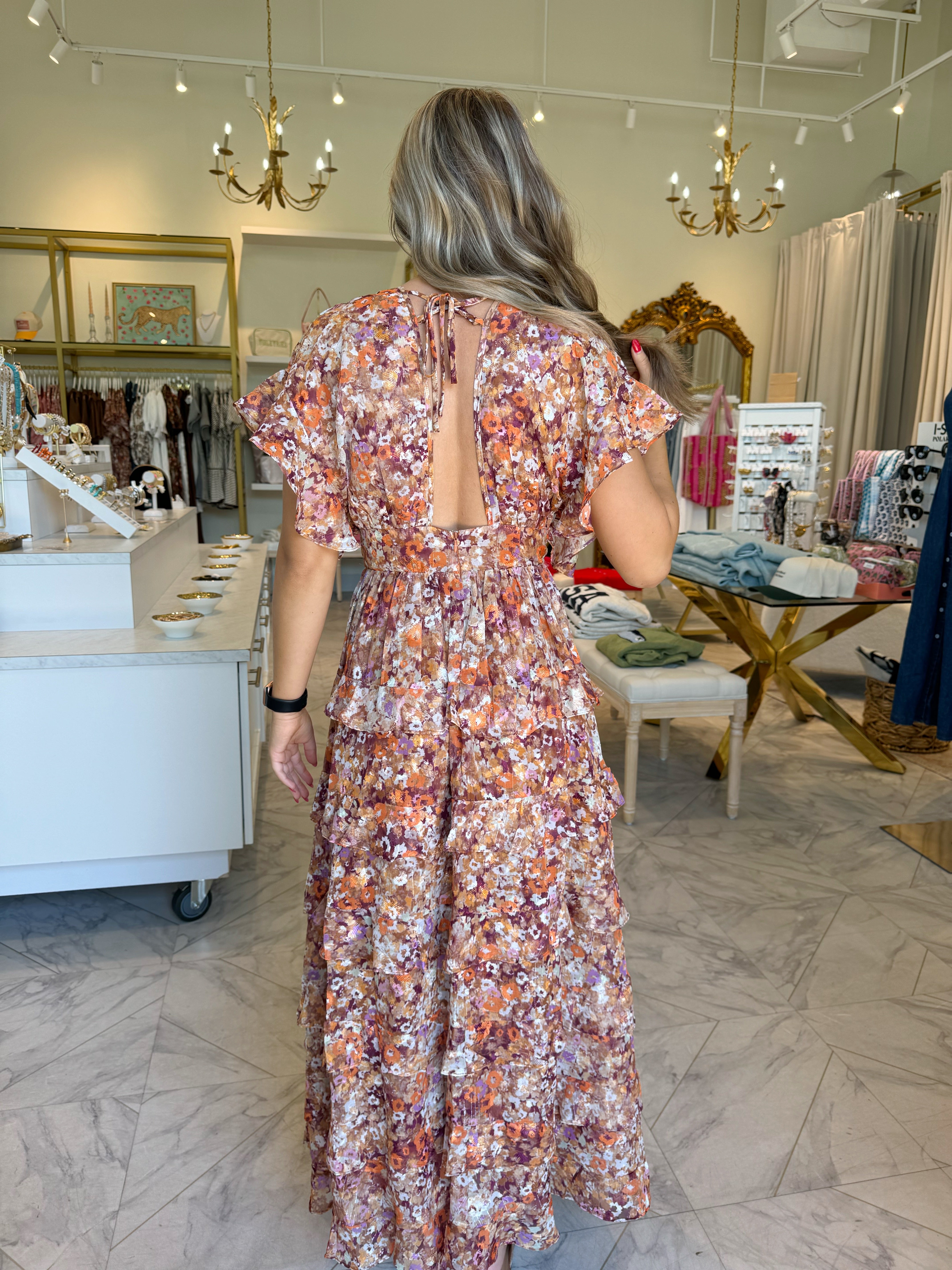 Fall Wedding Guest Midi Dress - Brown & Orange
