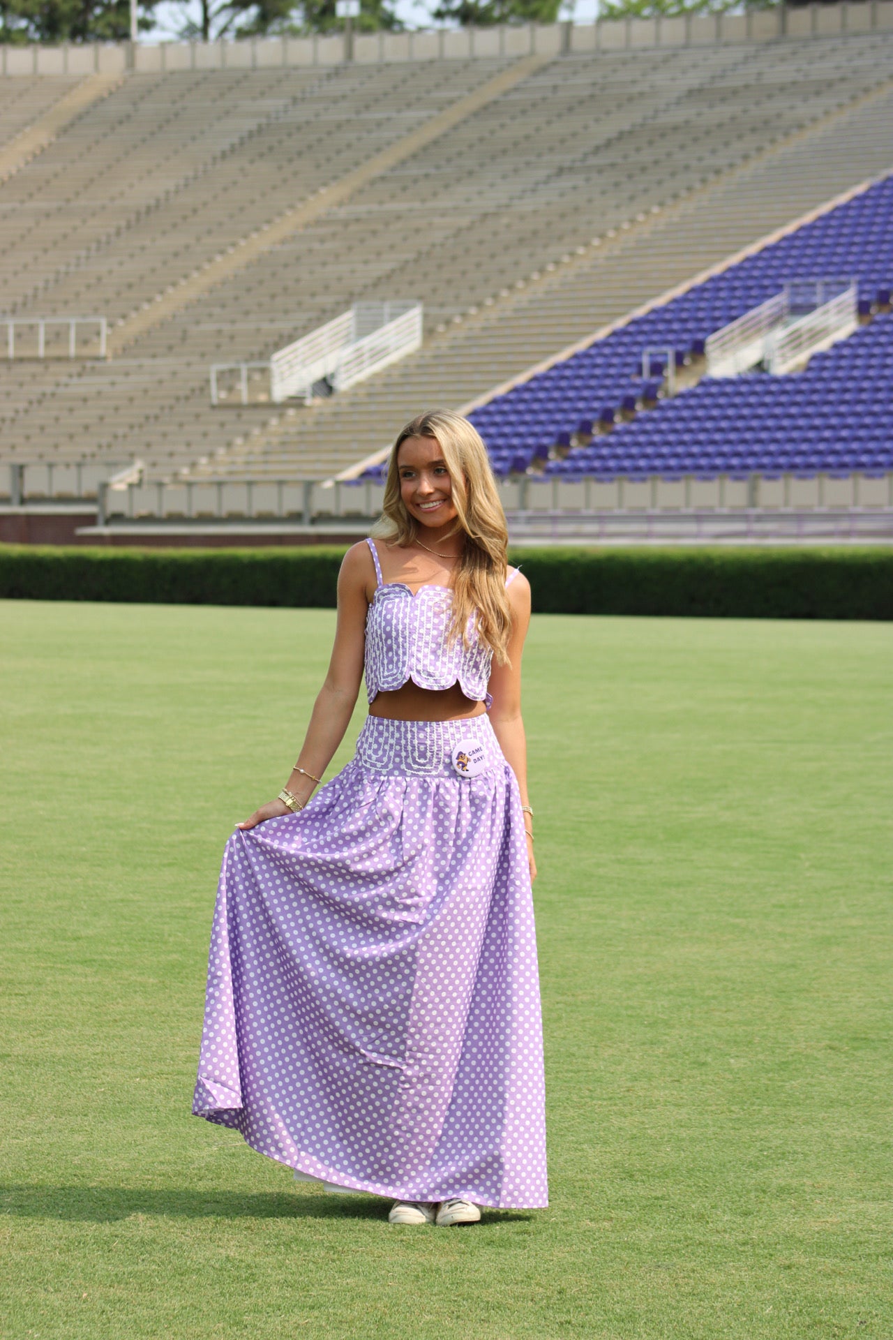 Southern Grace Embroidered Top & Midi Skirt Set - Lavender/WhitePolka Dot