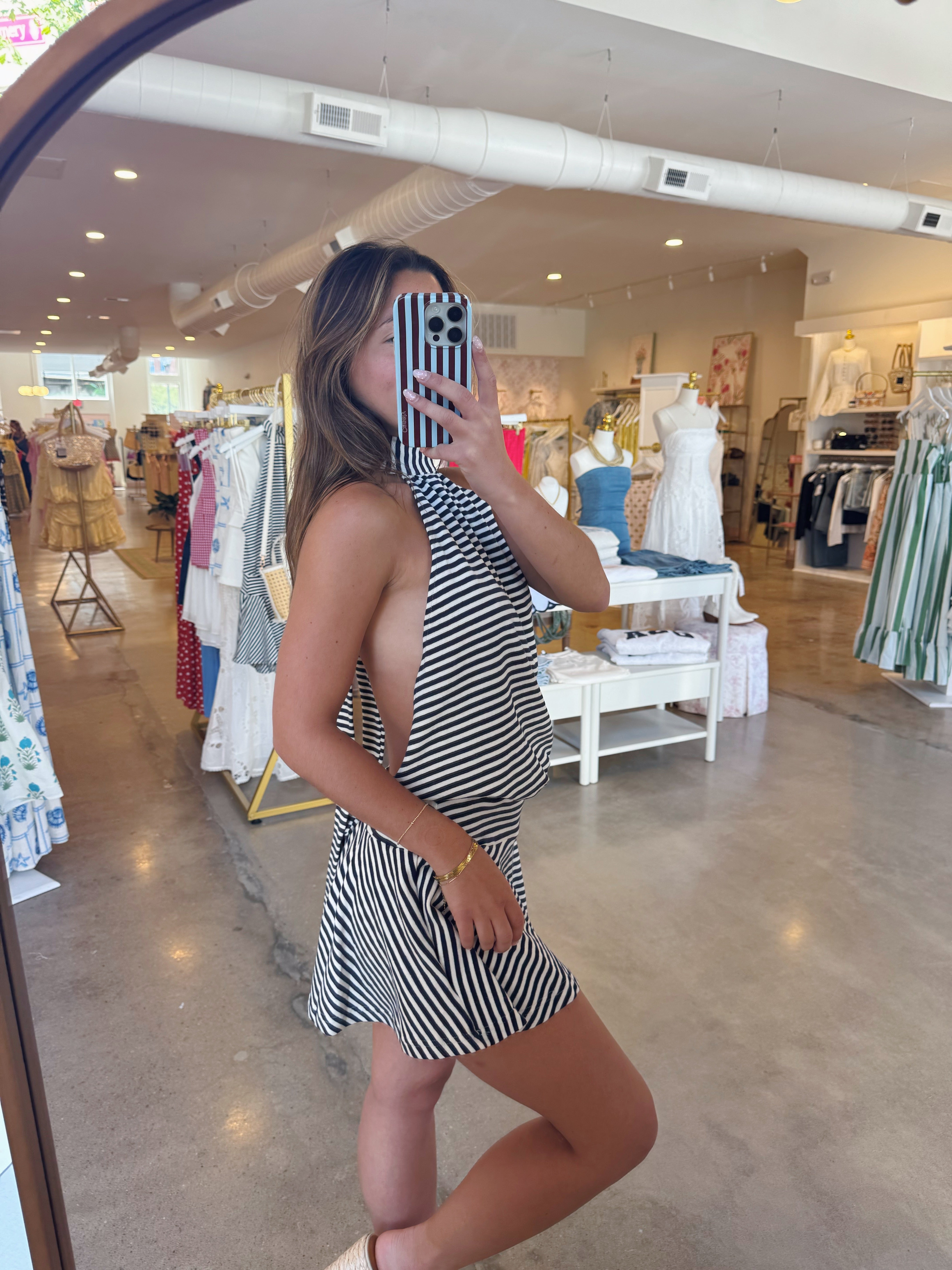 Margot Open Back Mini Dress - Navy Stripe