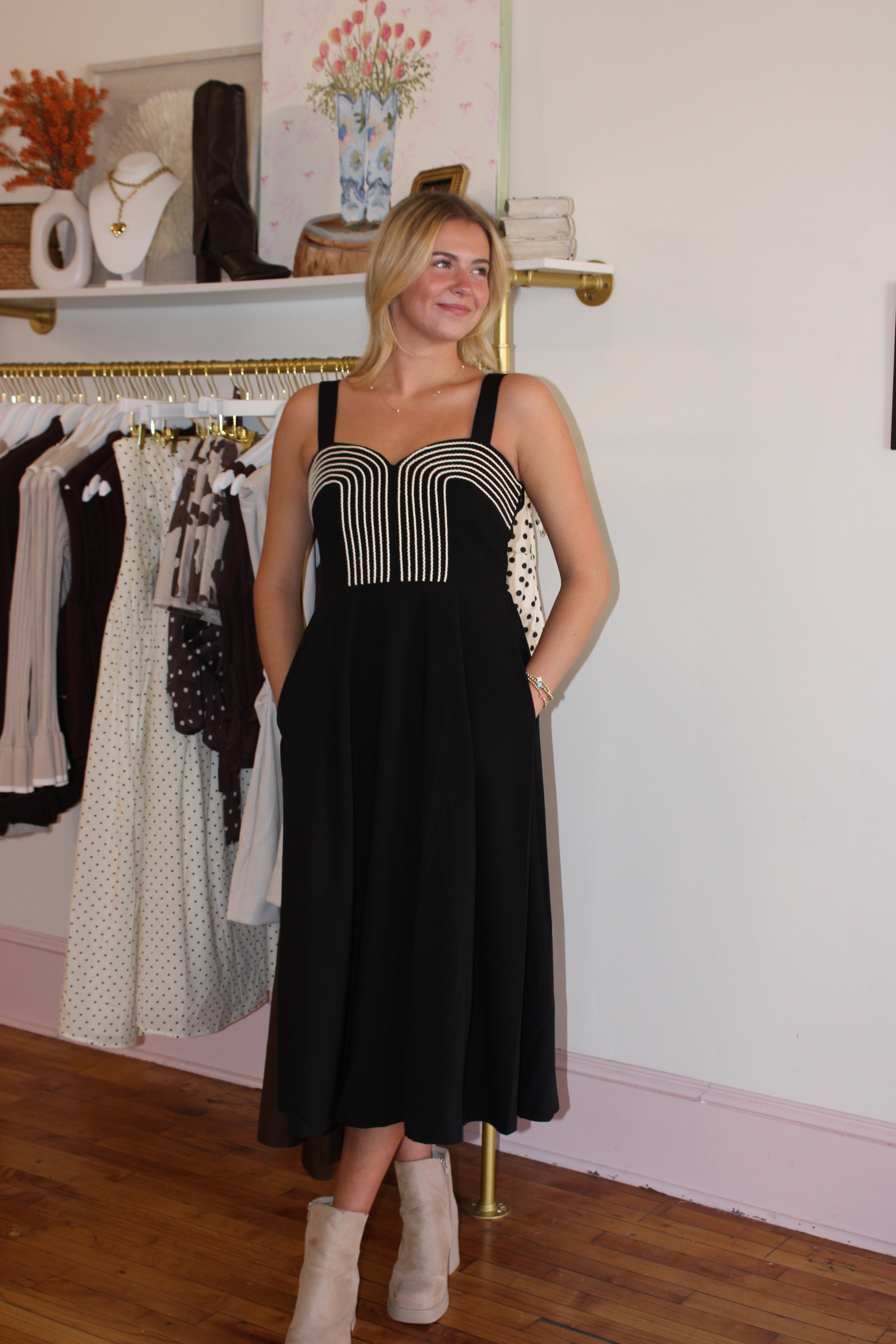 Warren Embroidered Linen Midi Dress - Black