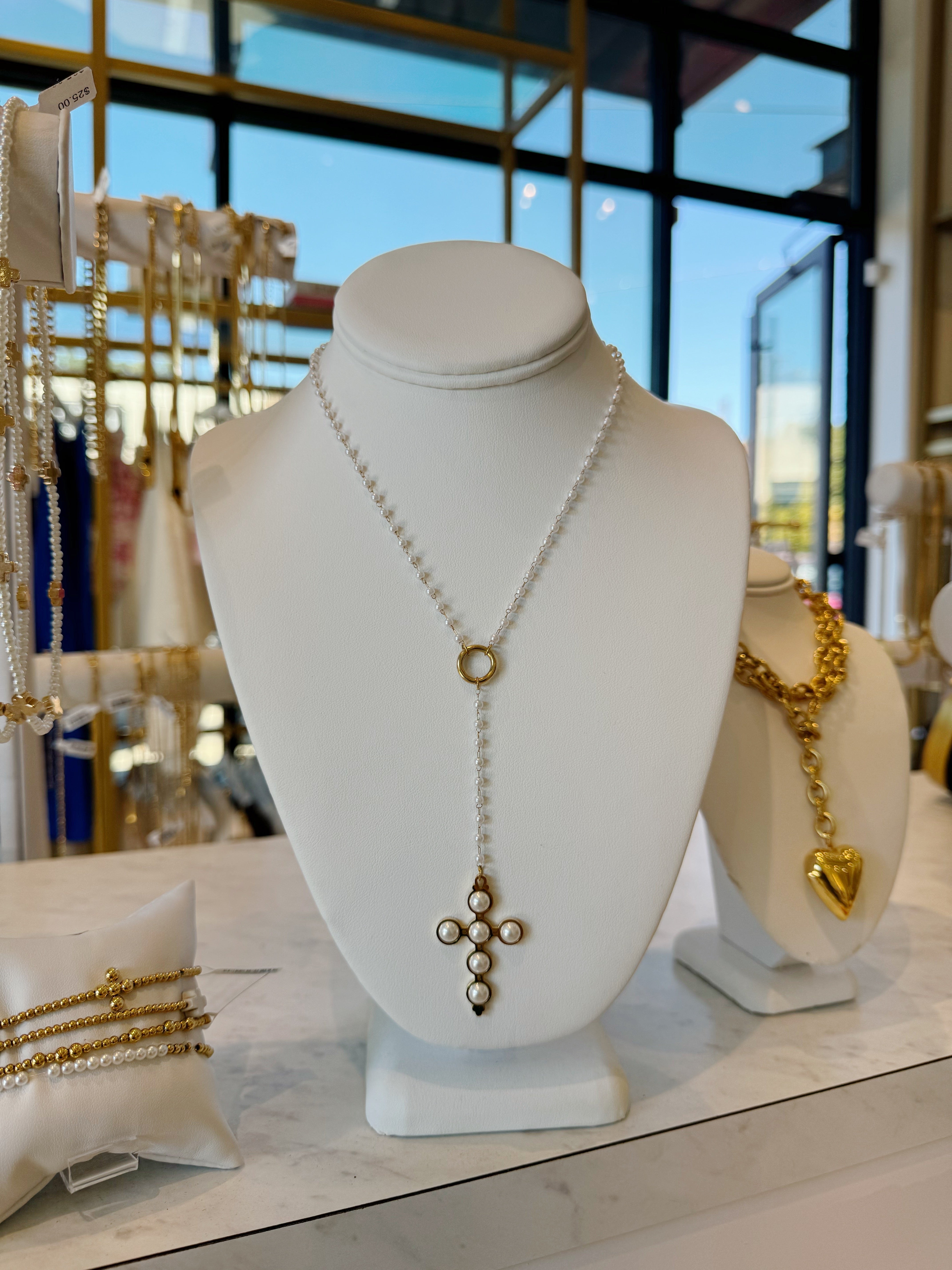 Lariat Pearl Cross Necklace - Water Resistant - Tarnish Free