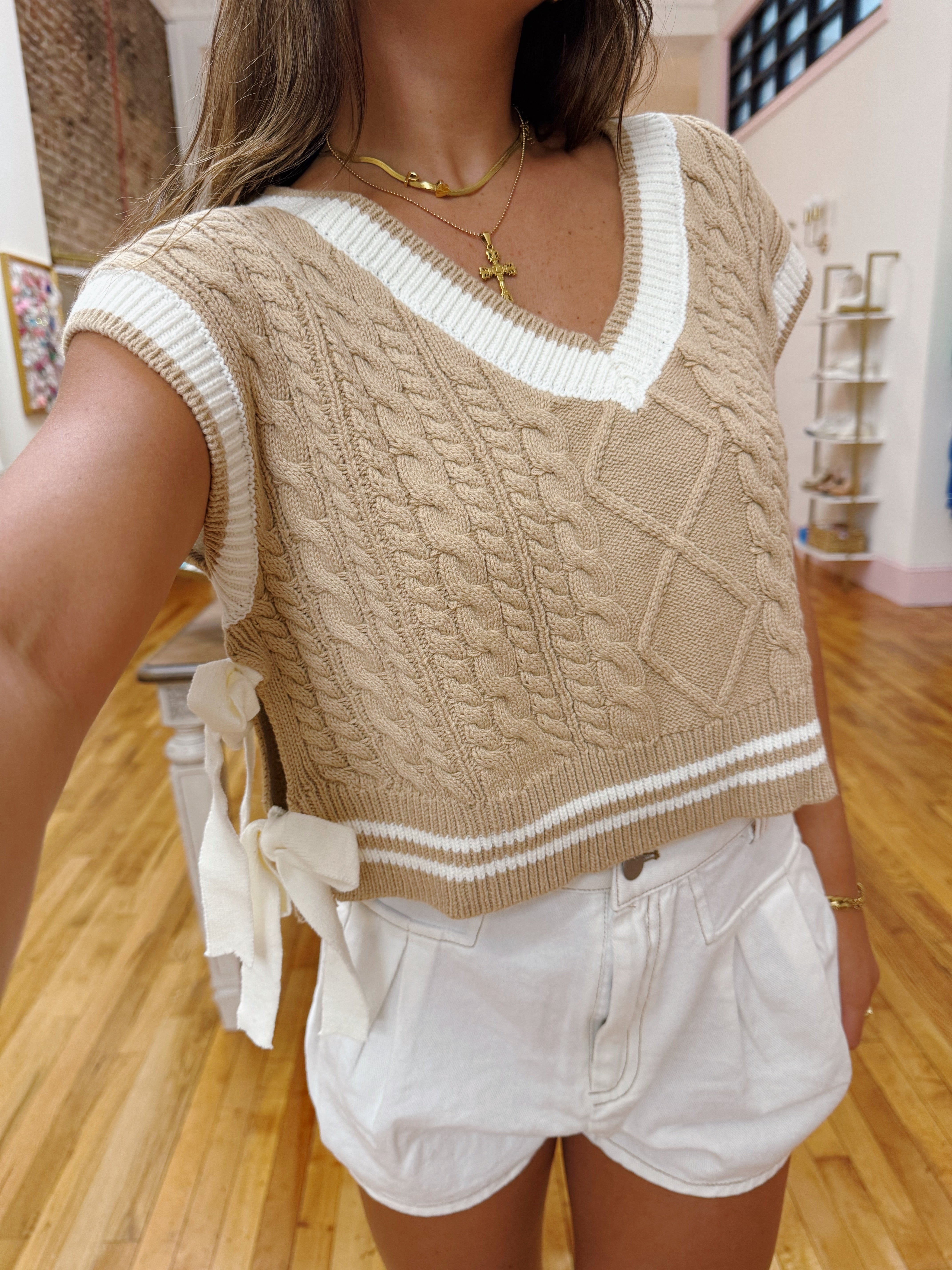 Game Over V Neck Sweater Vest - Tan & White