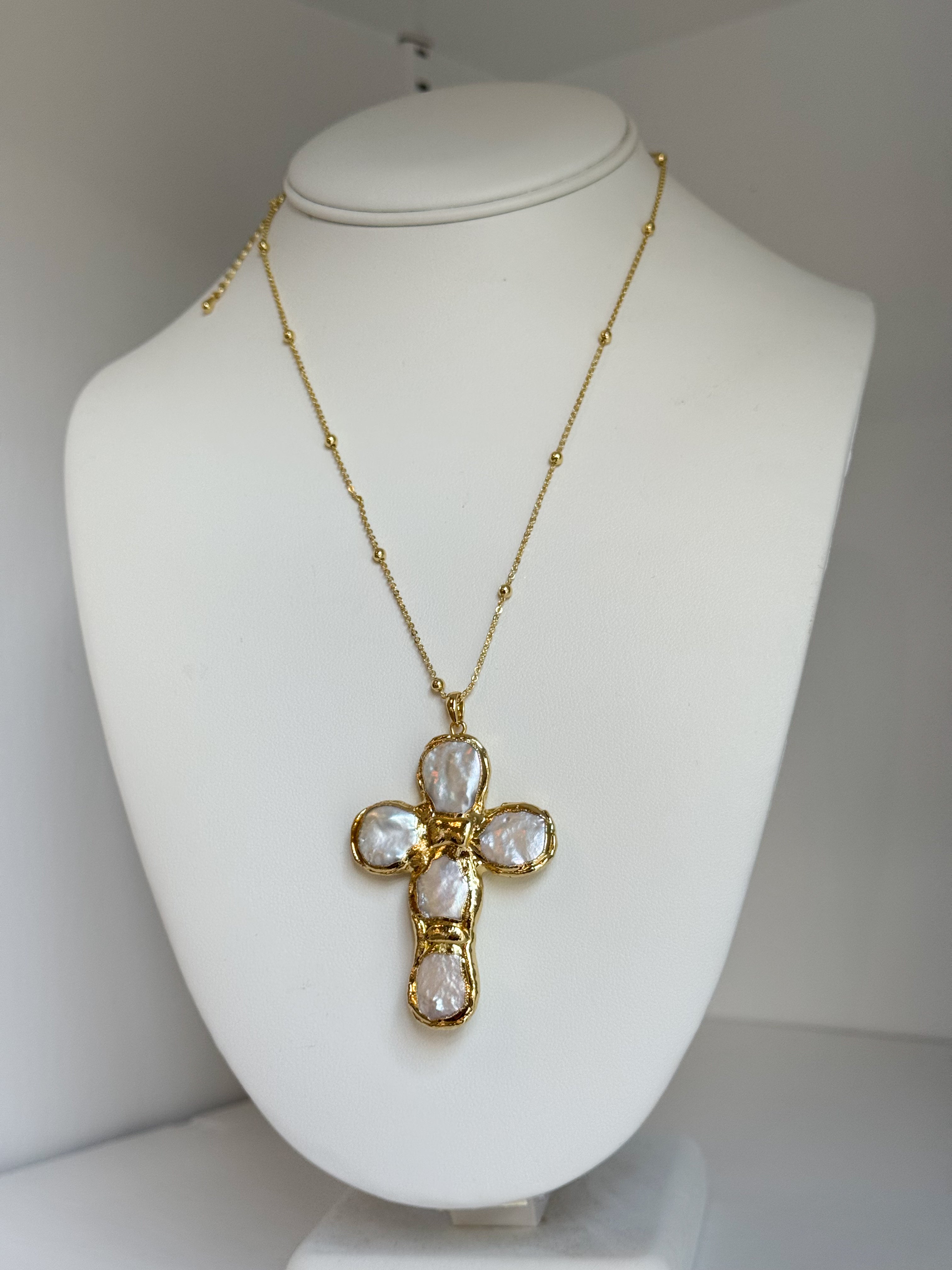 Gina Baroque Pearl Cross Pendant - Turquoise/Cream - Water Resistant