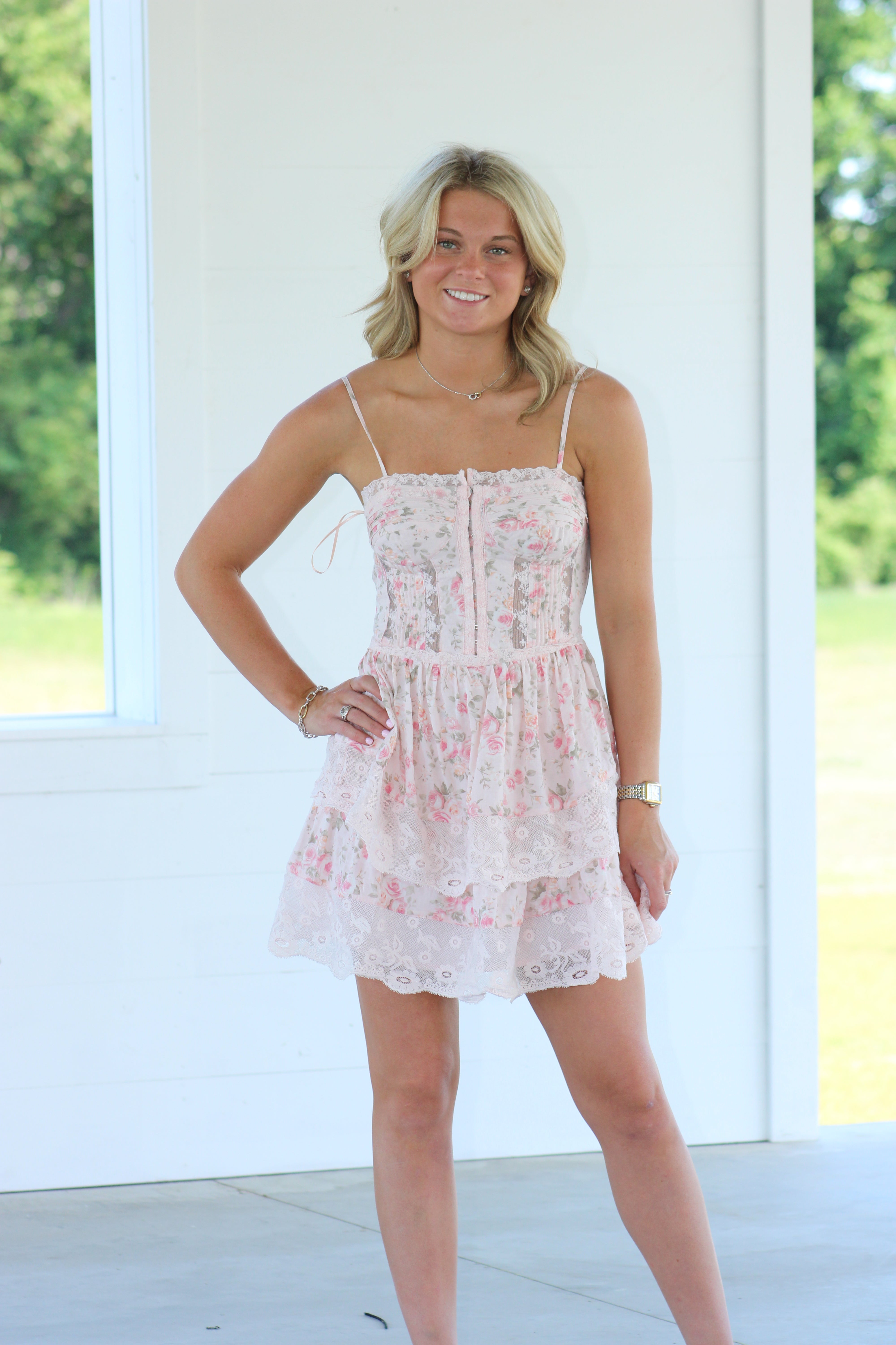Augusta Mini Dress - Pink Lace