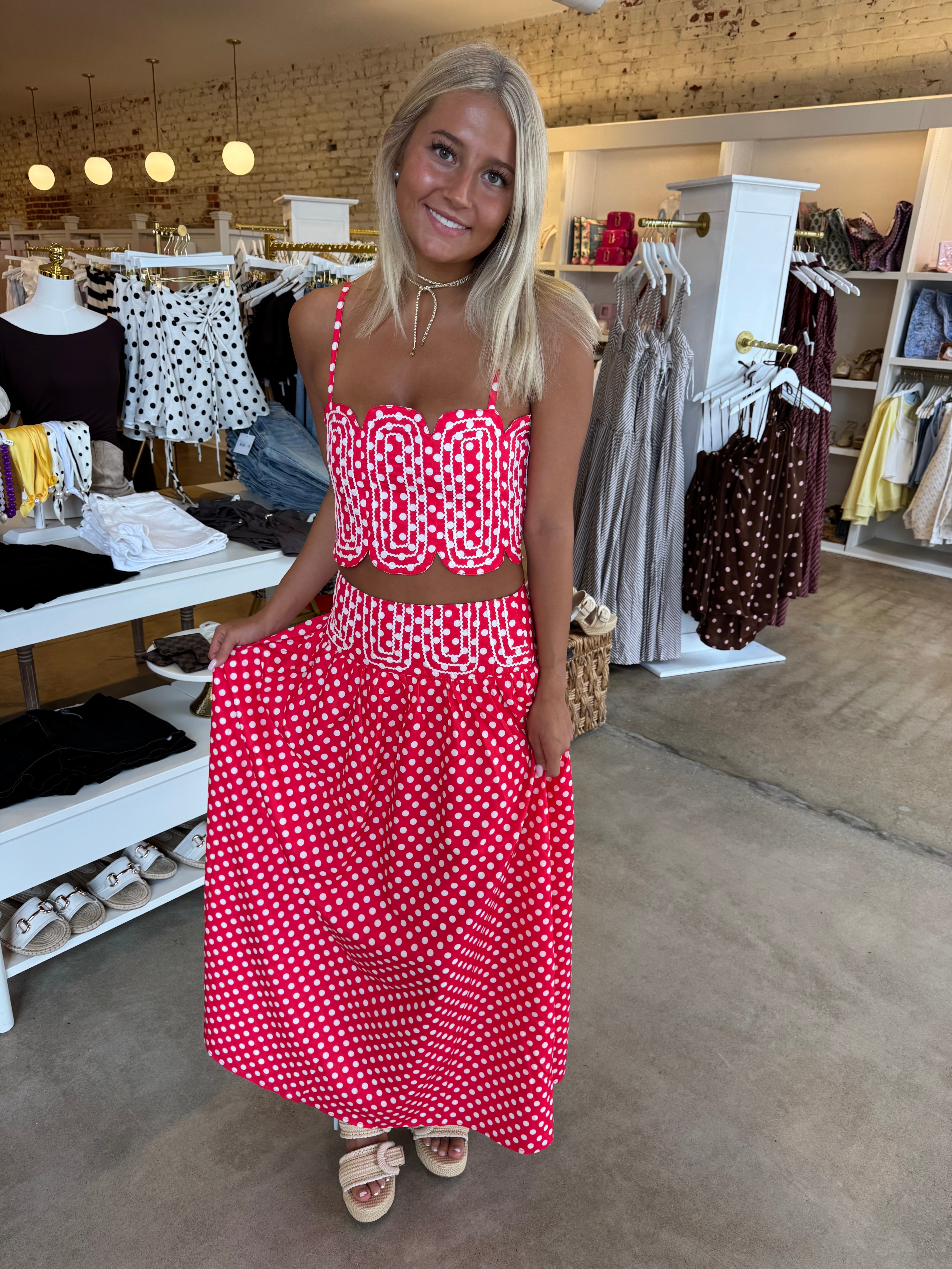 Southern Grace Embroidered Top & Midi Skirt Set - Red/WhitePolka Dot