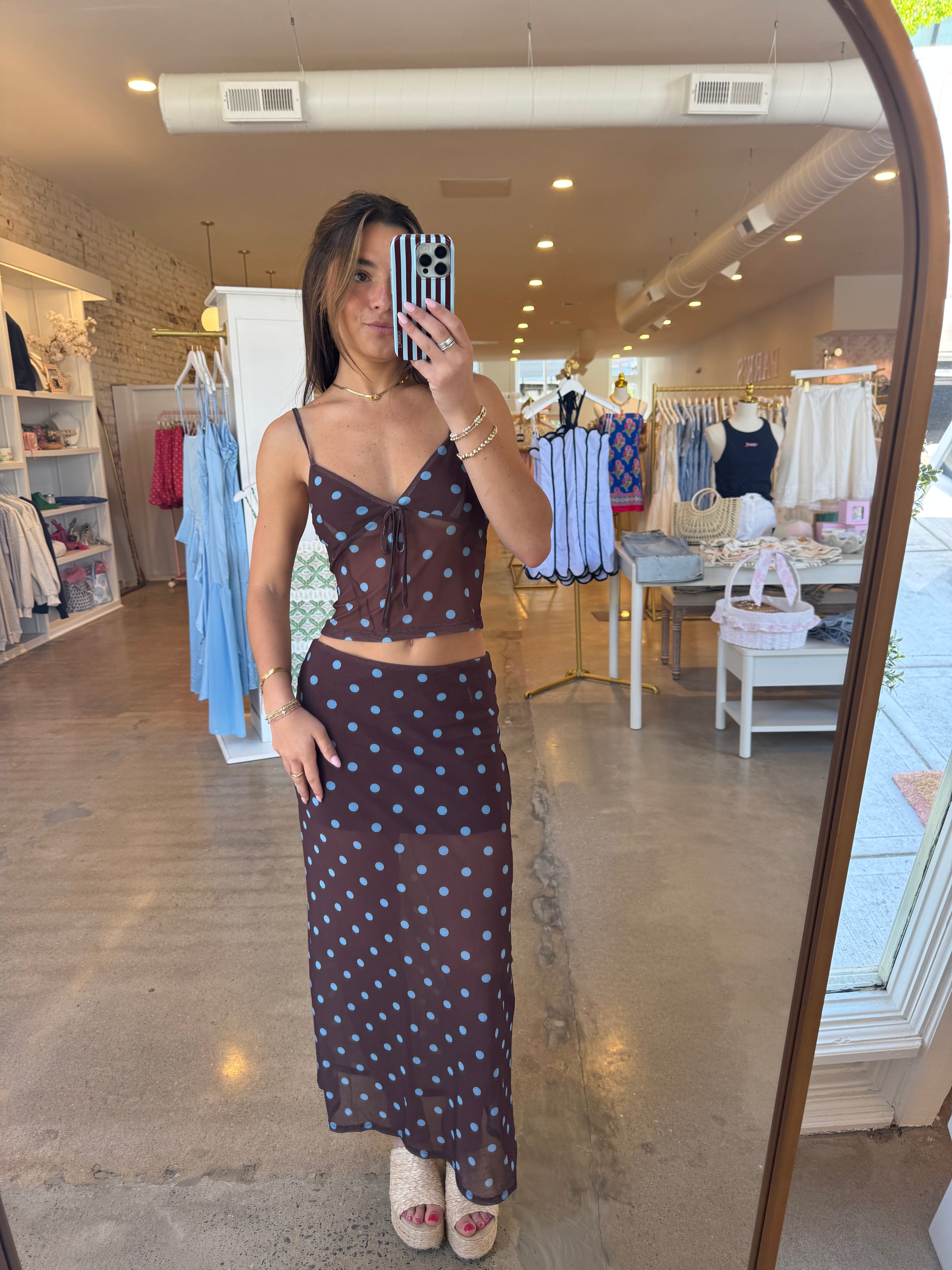 About Last Night Top & Midi Skirt Set - Brown & Blue Polka Dot