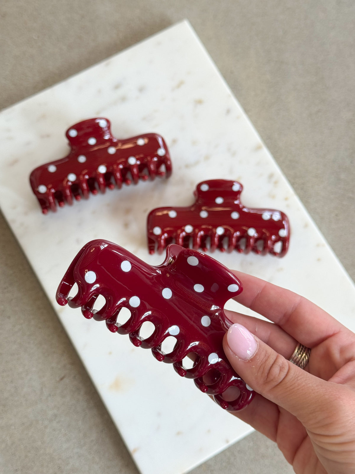 Polka Dot Rectangle Hair Claw - Cherry Red
