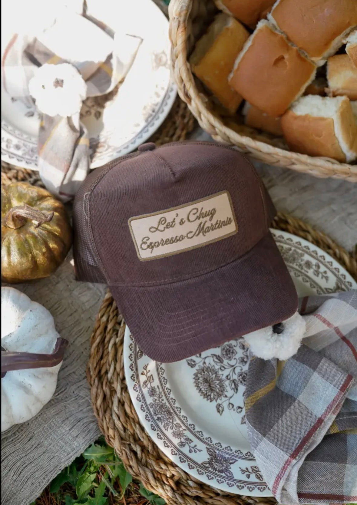 Let's Chug Espresso Martinis Corduroy Trucker Hat - Brown
