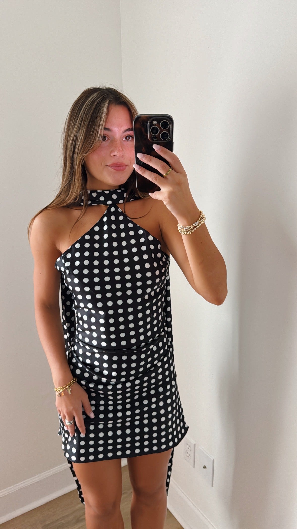 Crush Hour Satin Mini Dress with Scarf - Black Polka Dot