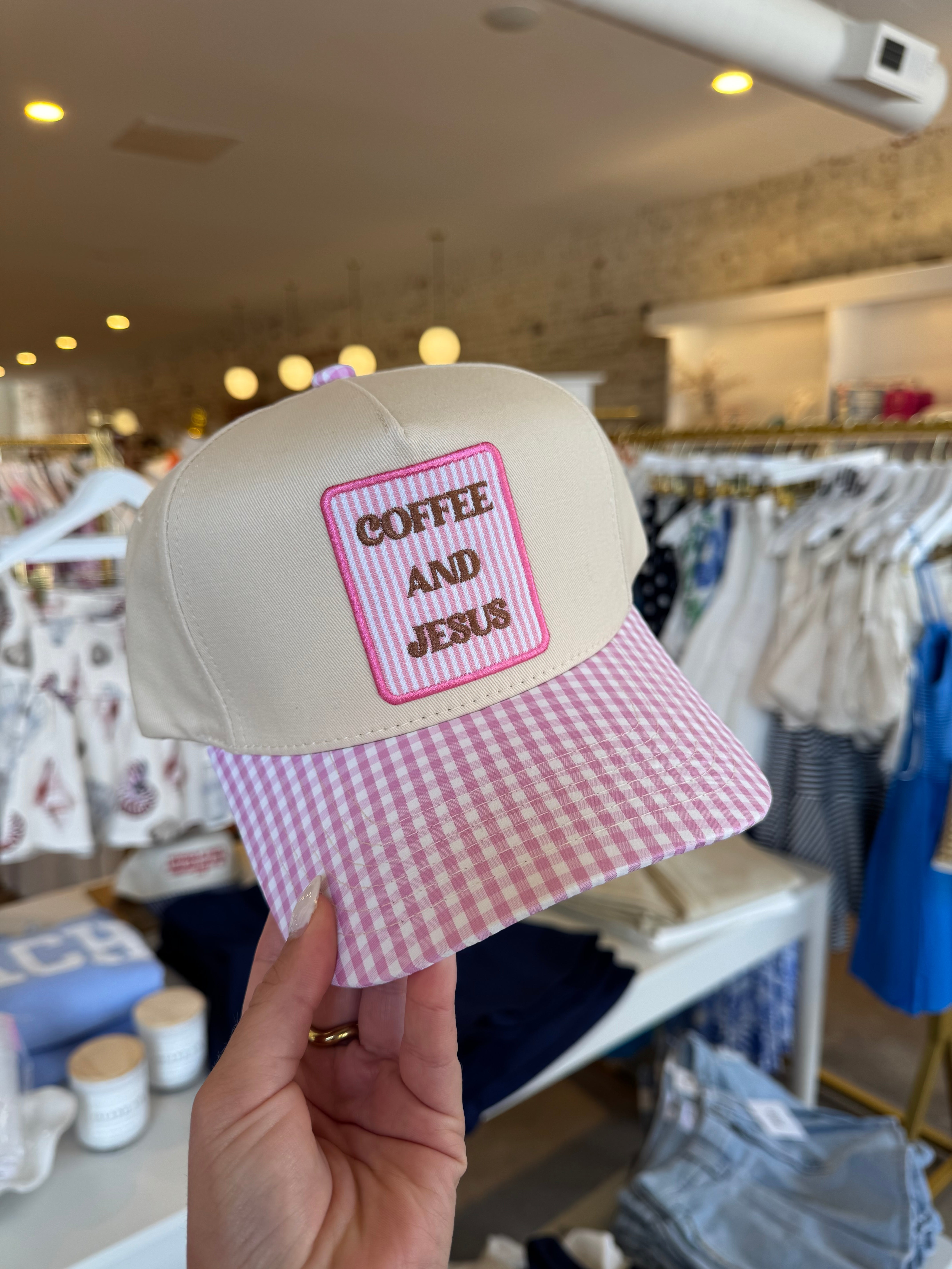 Coffee And Jesus Embroidered Trucker Hat - Pink