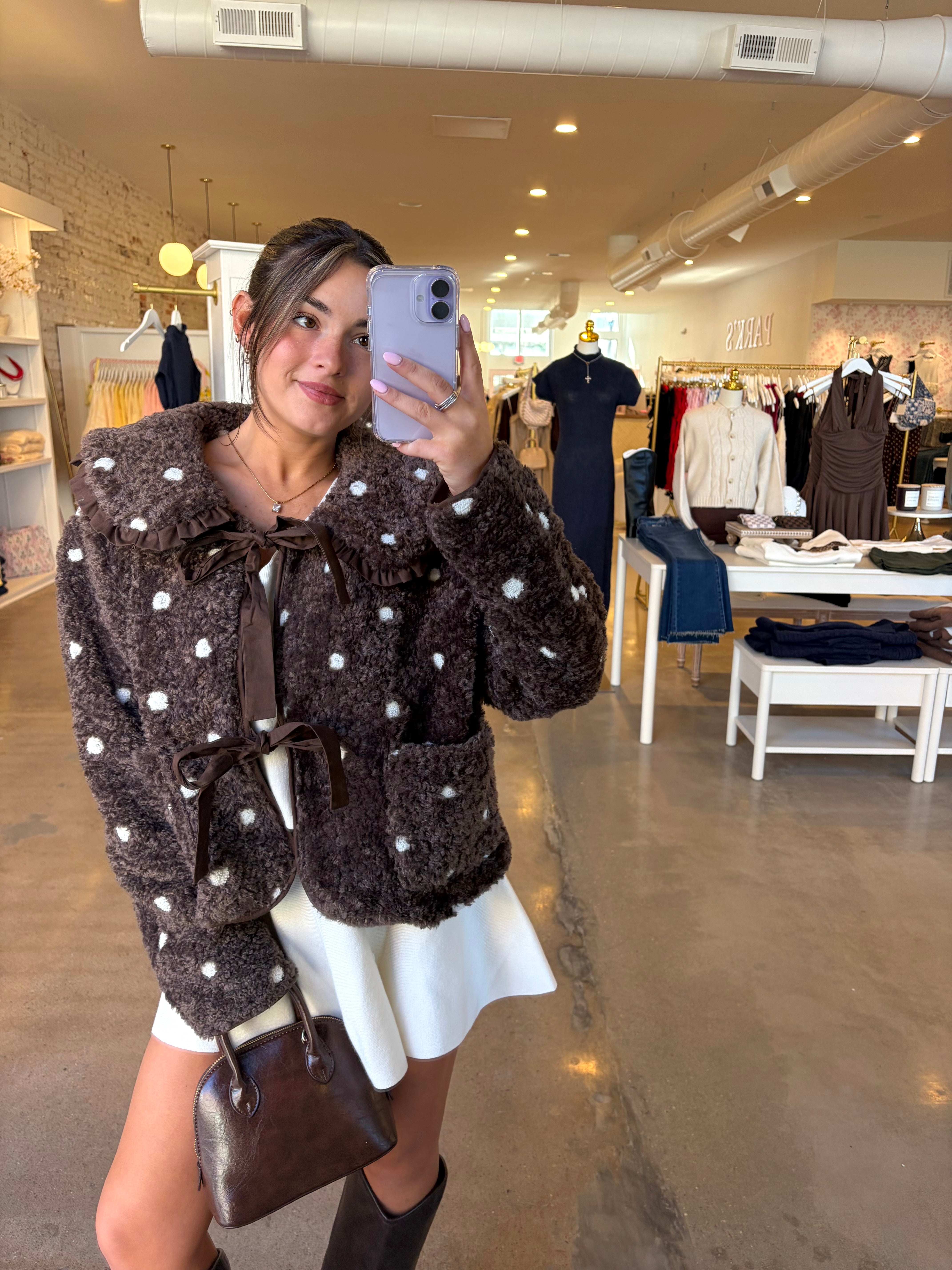 Jane Sherpa Jacket With Front Ties - Brown Dot