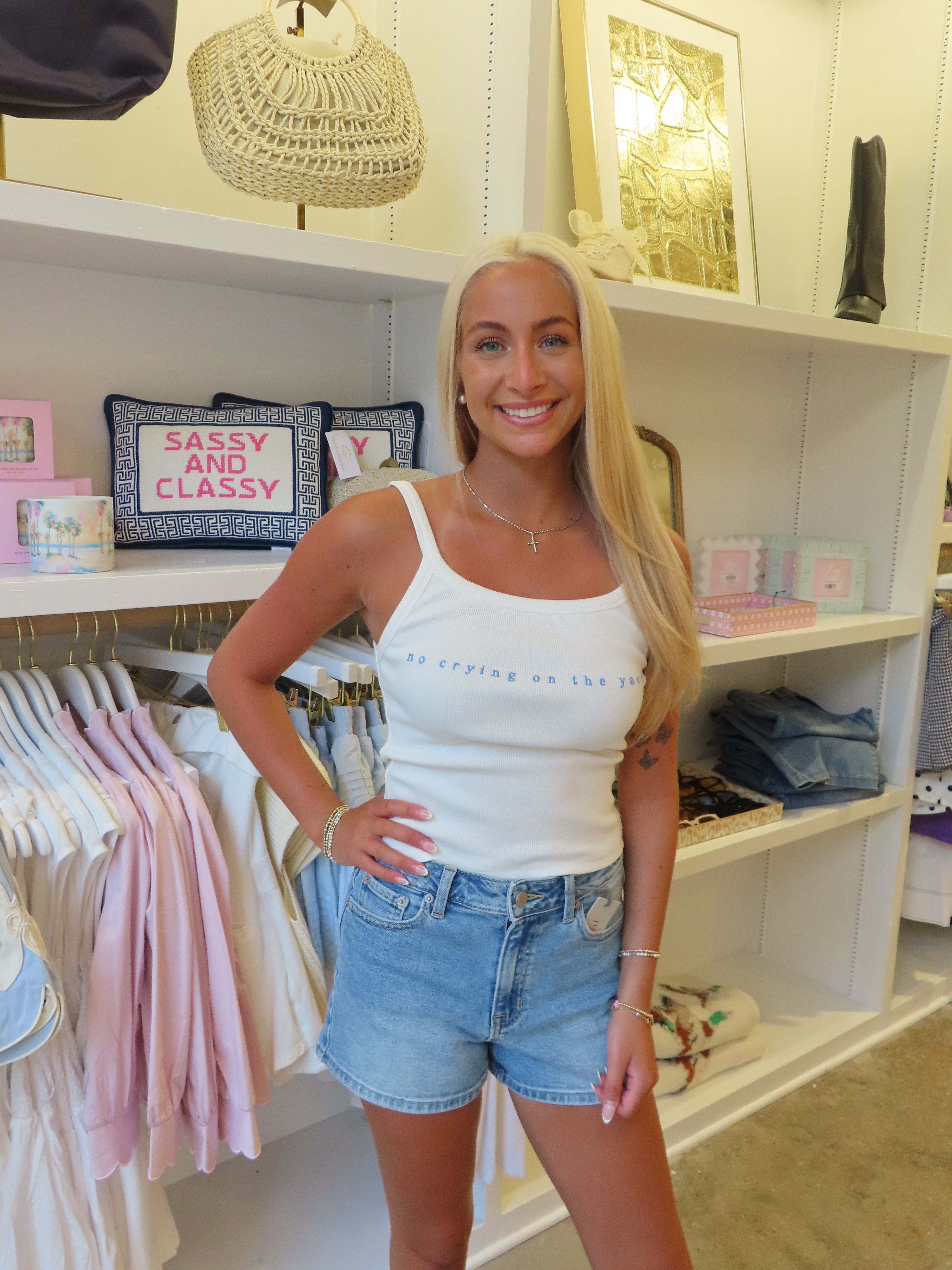 No Crying On The Yacht Ribbed Tank - White