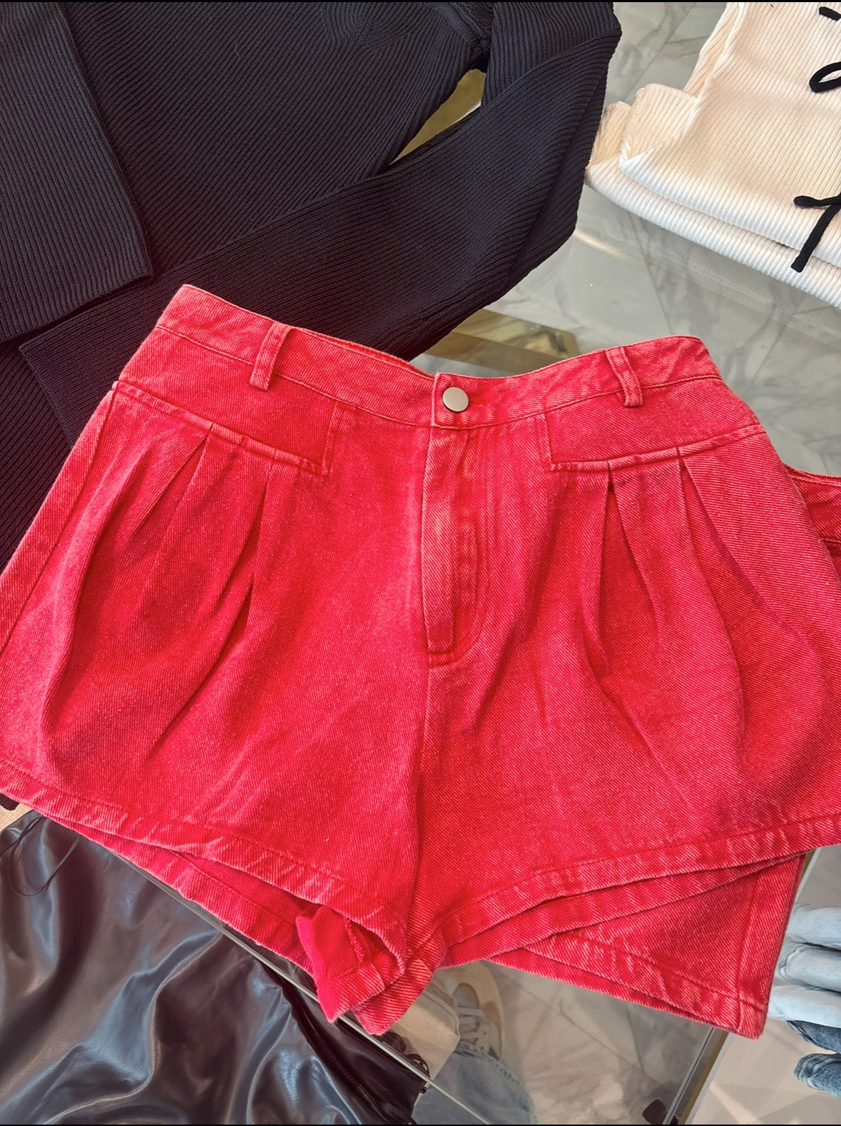 Take It Easy Fit & Flare Denim Shorts - Washed Red