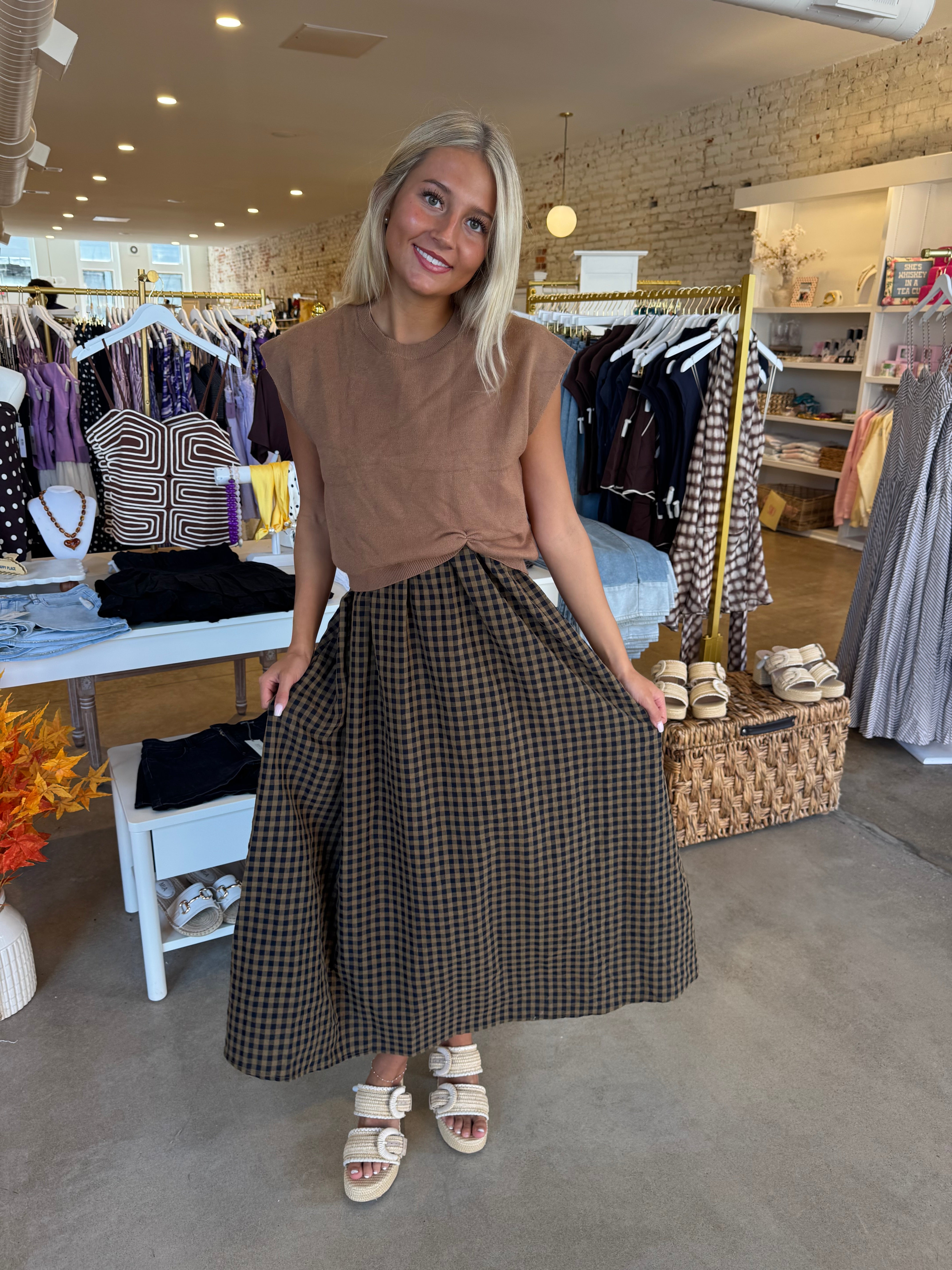 Leaves Are Turning Midi Dress - Tan Gingham
