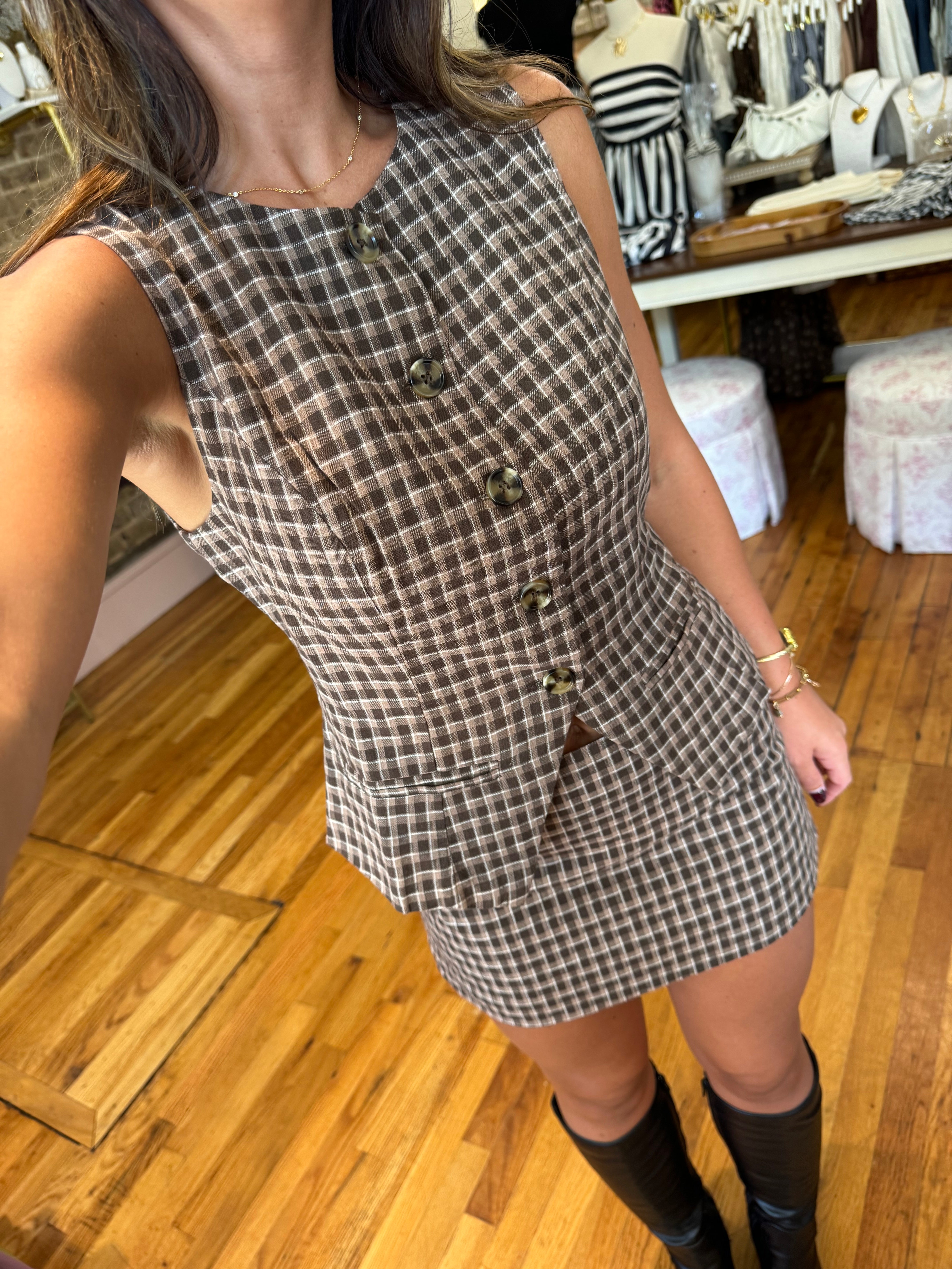 Nancy Top and Mini Skirt Set - Brown Plaid