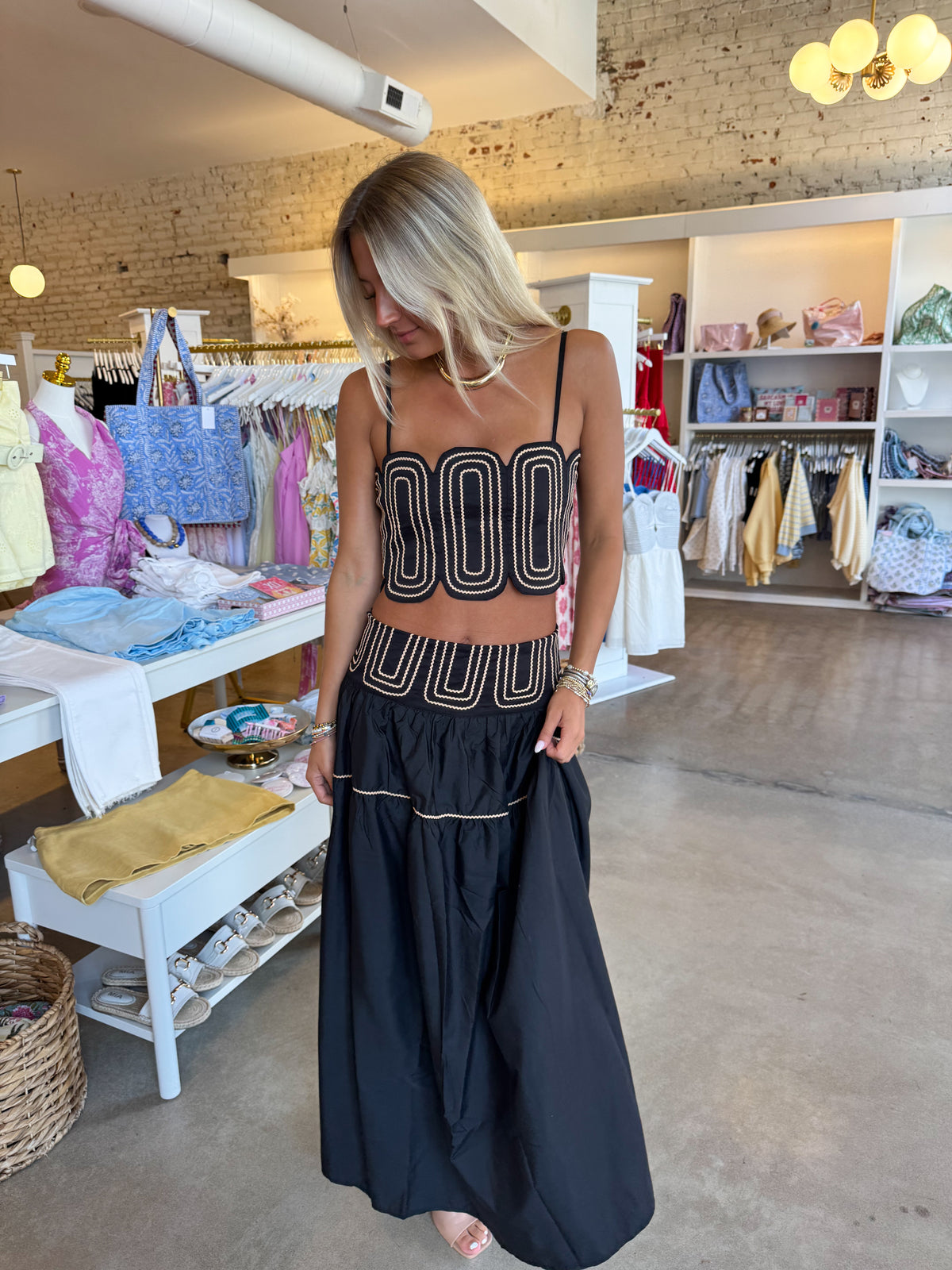 Southern Grace Embroidered Top & Midi Skirt Set - Black/Gold