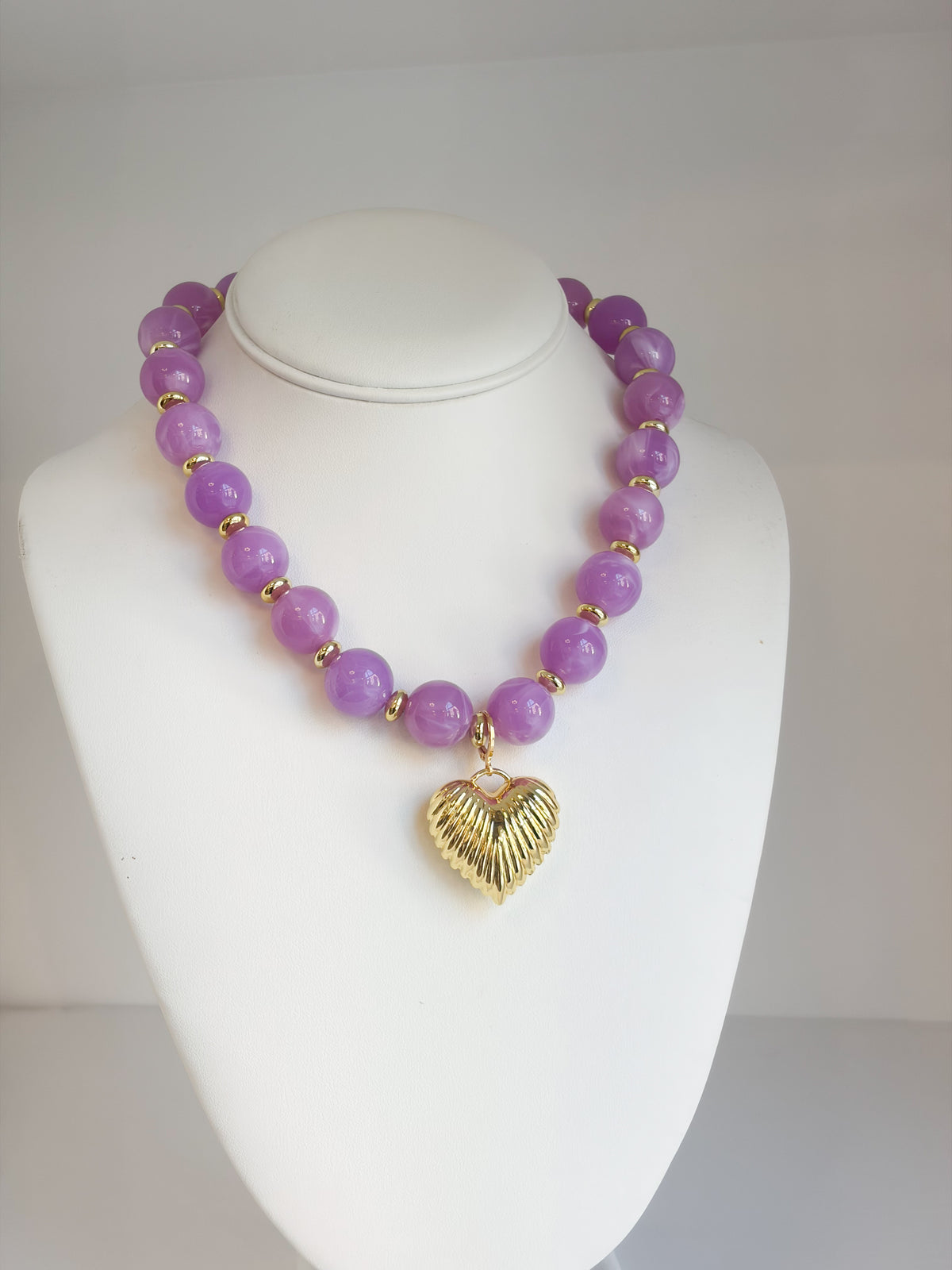 Lucas Beaded Necklace With Gold Heart Pendant - Purple