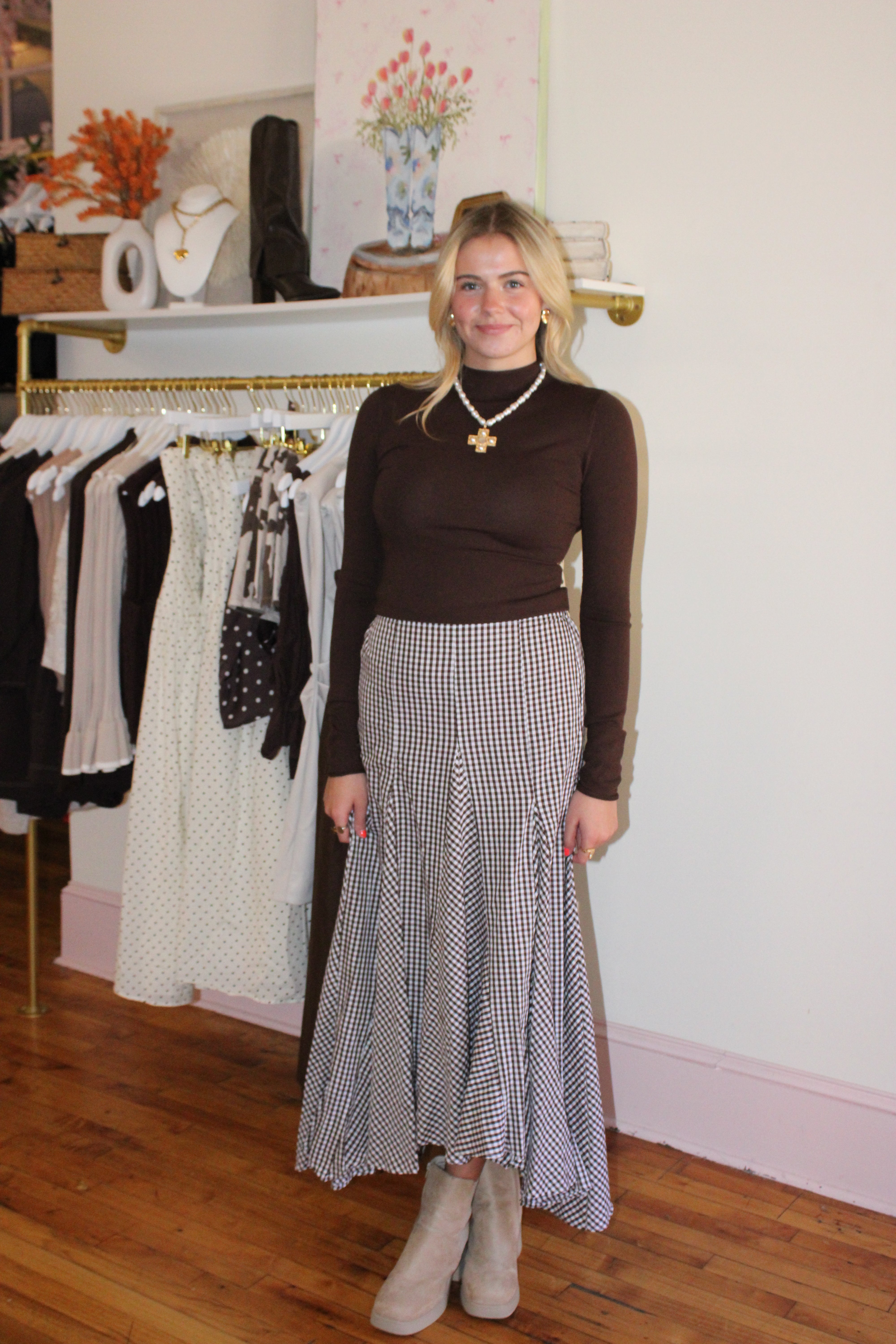 Fall Picnic Midi Skirt - Brown Gingham