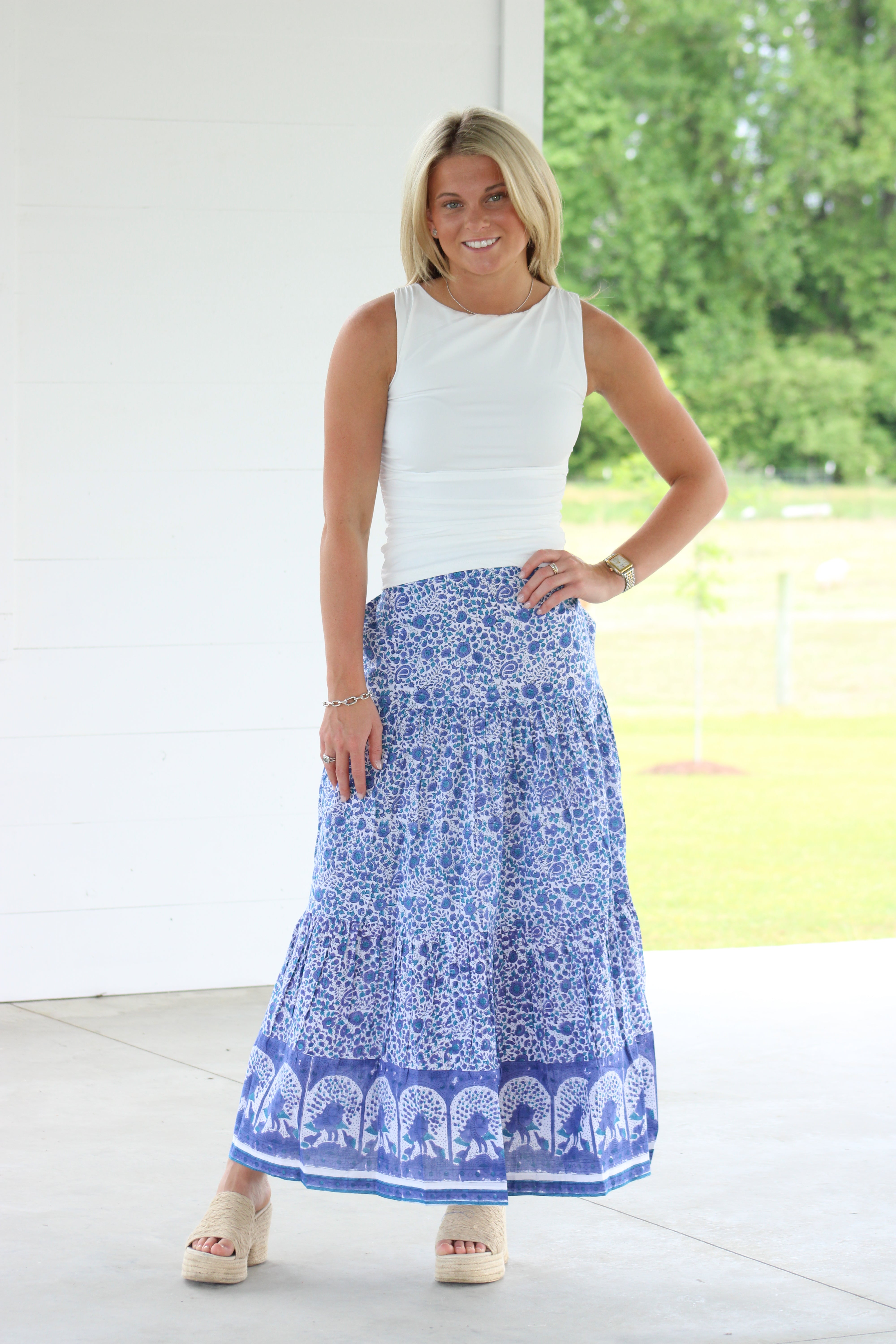 Serefina Midi Skirt - Blue & White