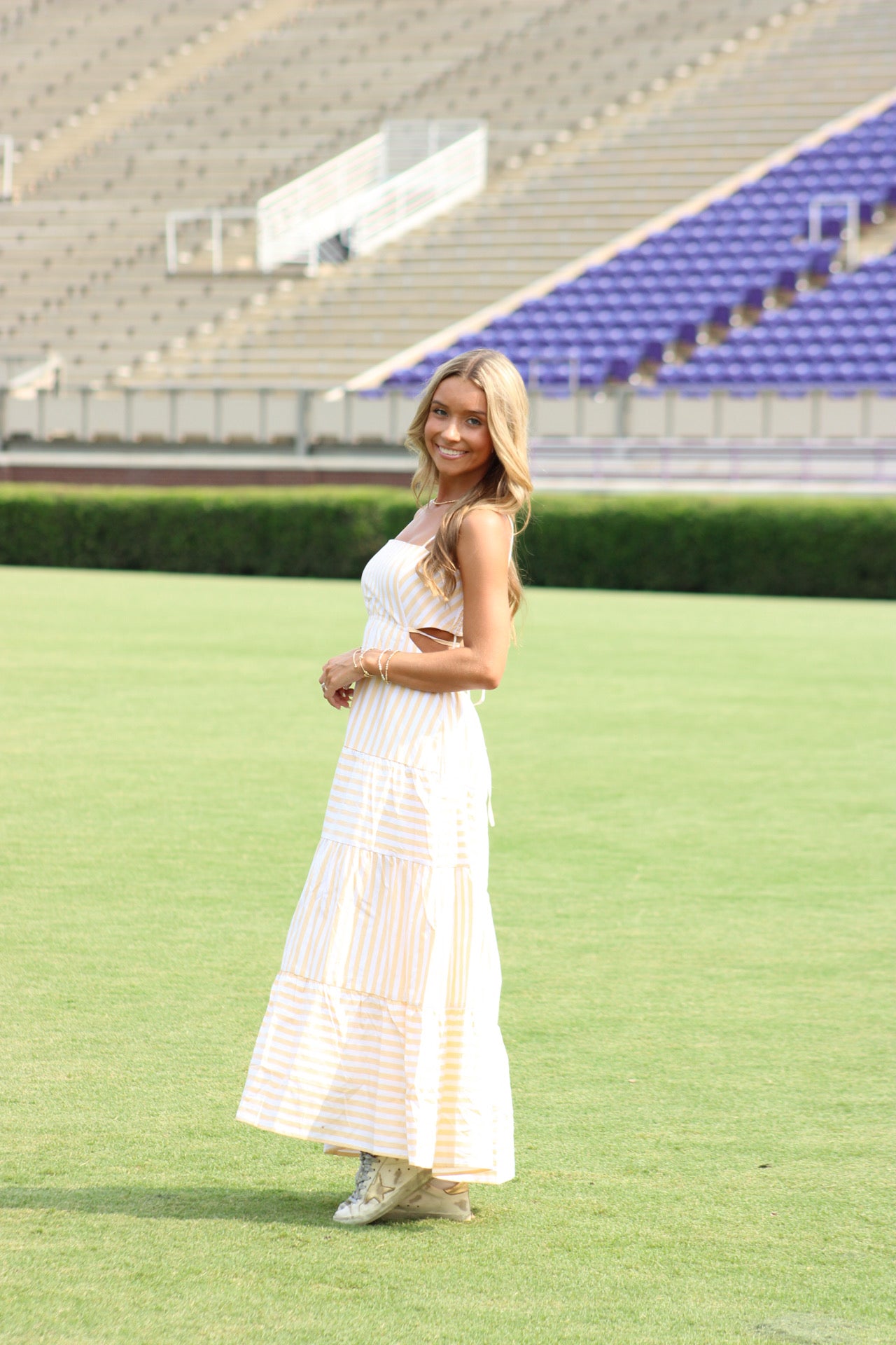 Dowdy Cutout Maxi Dress - Yellow & White Stripe